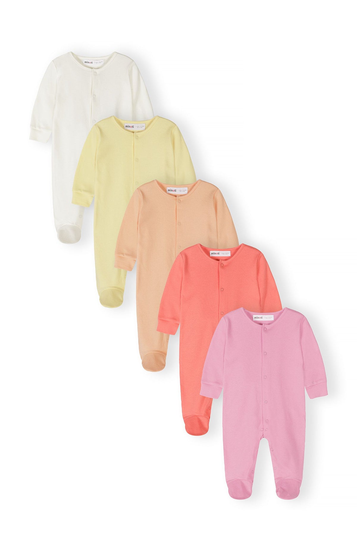 Cream, yellow, peach, coral and pink sleepsuits, five fronts.