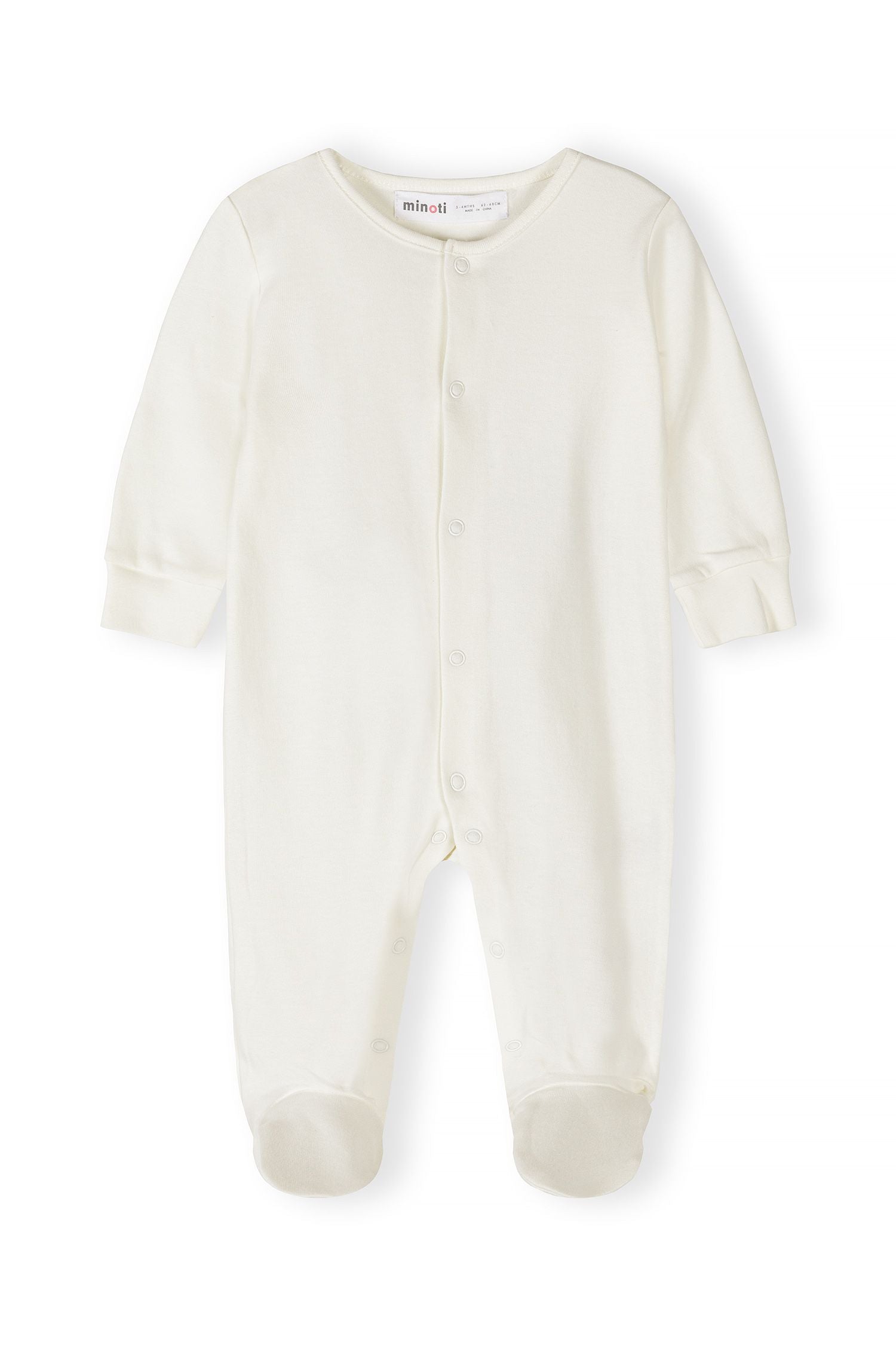Detail of a long-sleeve sleepsuit in cream with press studs and elasticated cuffs.