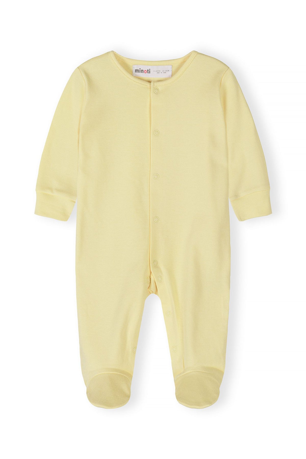 Cream, yellow, peach, coral and pink sleepsuits, yellow front.