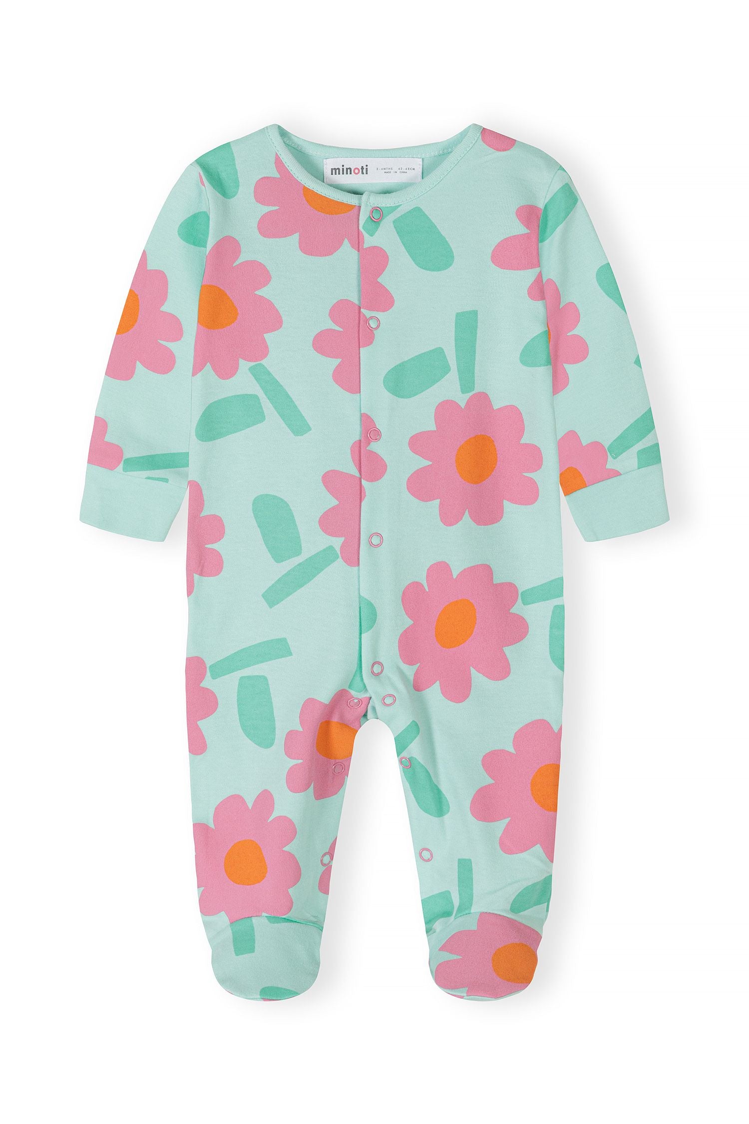 Front view of a girls' sleepsuit featuring a floral pattern in pink and orange on a mint background.