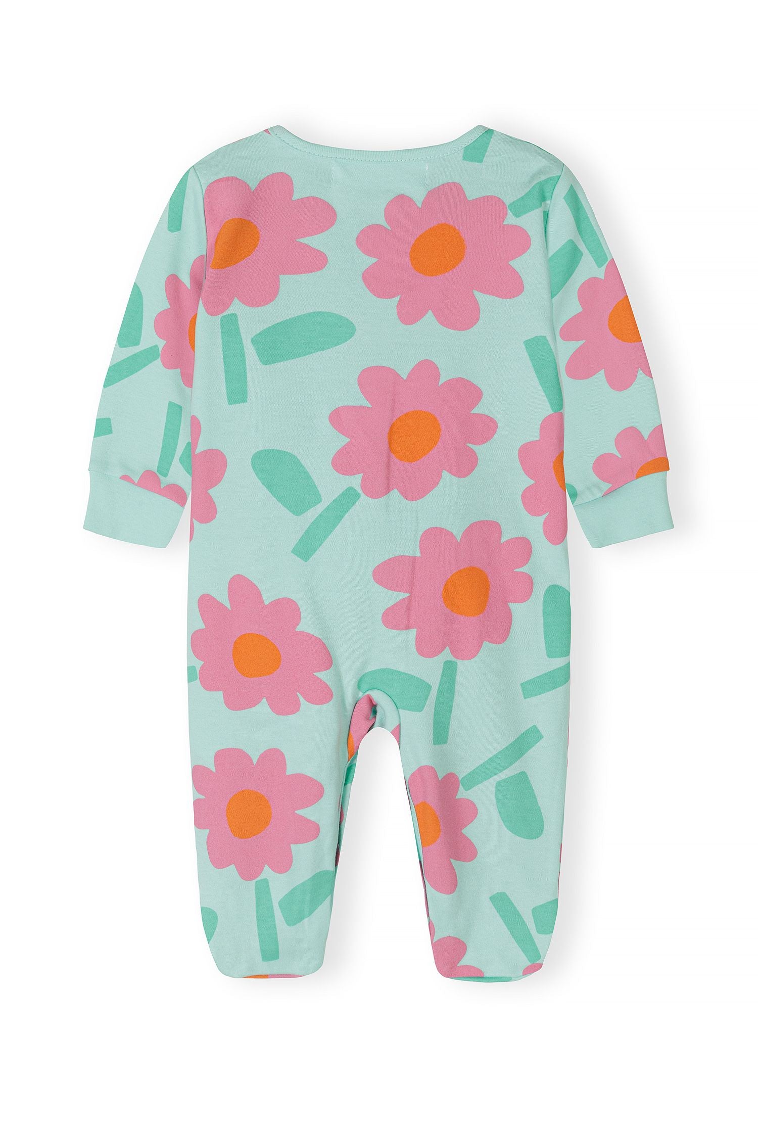 Back view of a girls' sleepsuit with floral pattern in pink and green.
