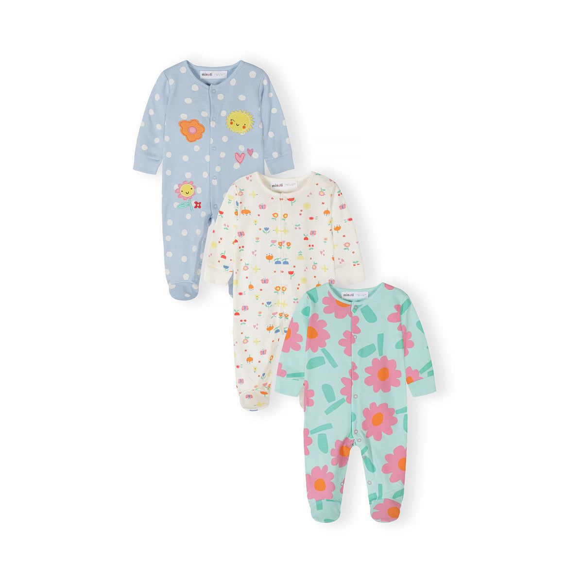 Baby sleepsuits 3-pack in light blue, cream and mint — complete product view for square Shop card