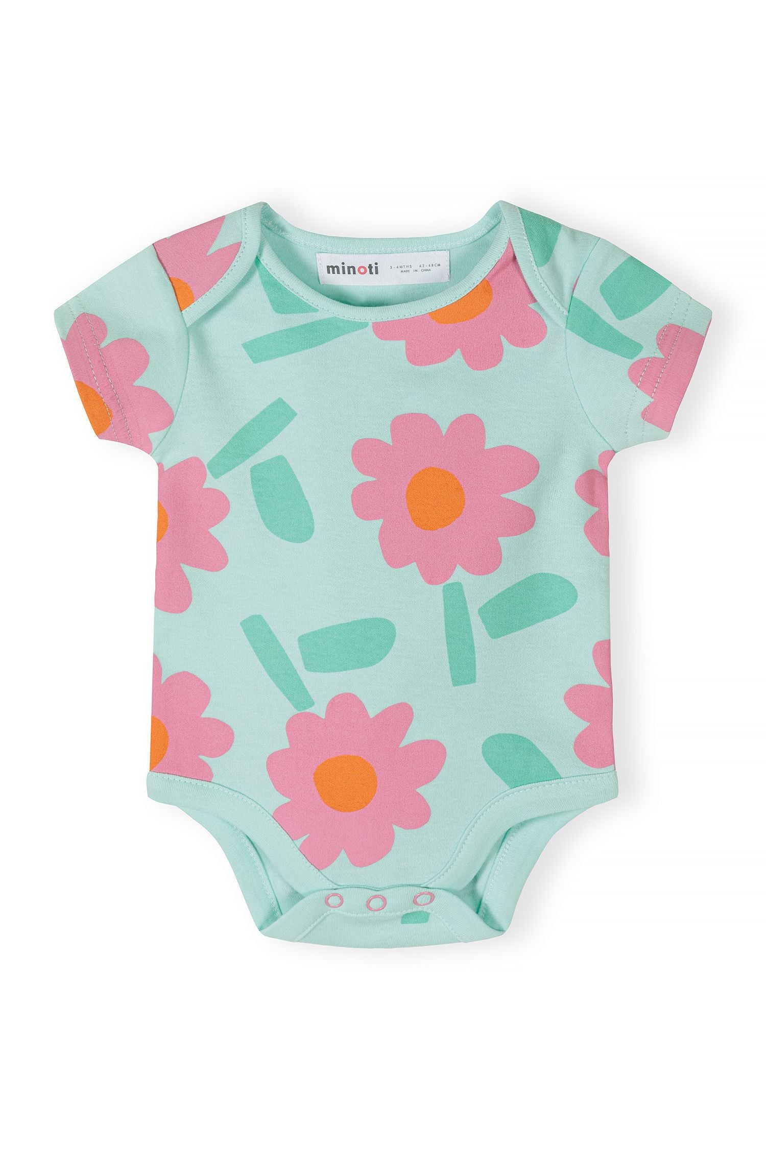 Close-up of a girls' short-sleeve bodysuit in mint green with pink floral print and orange accents.