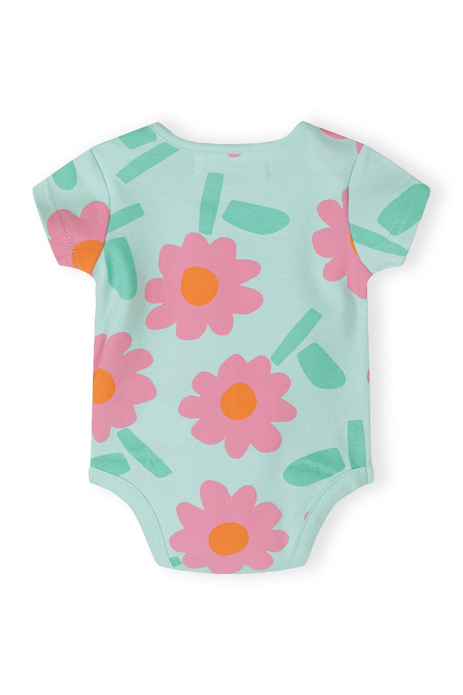 Detail of a girls' short sleeve bodysuit with pink floral print on a mint background.