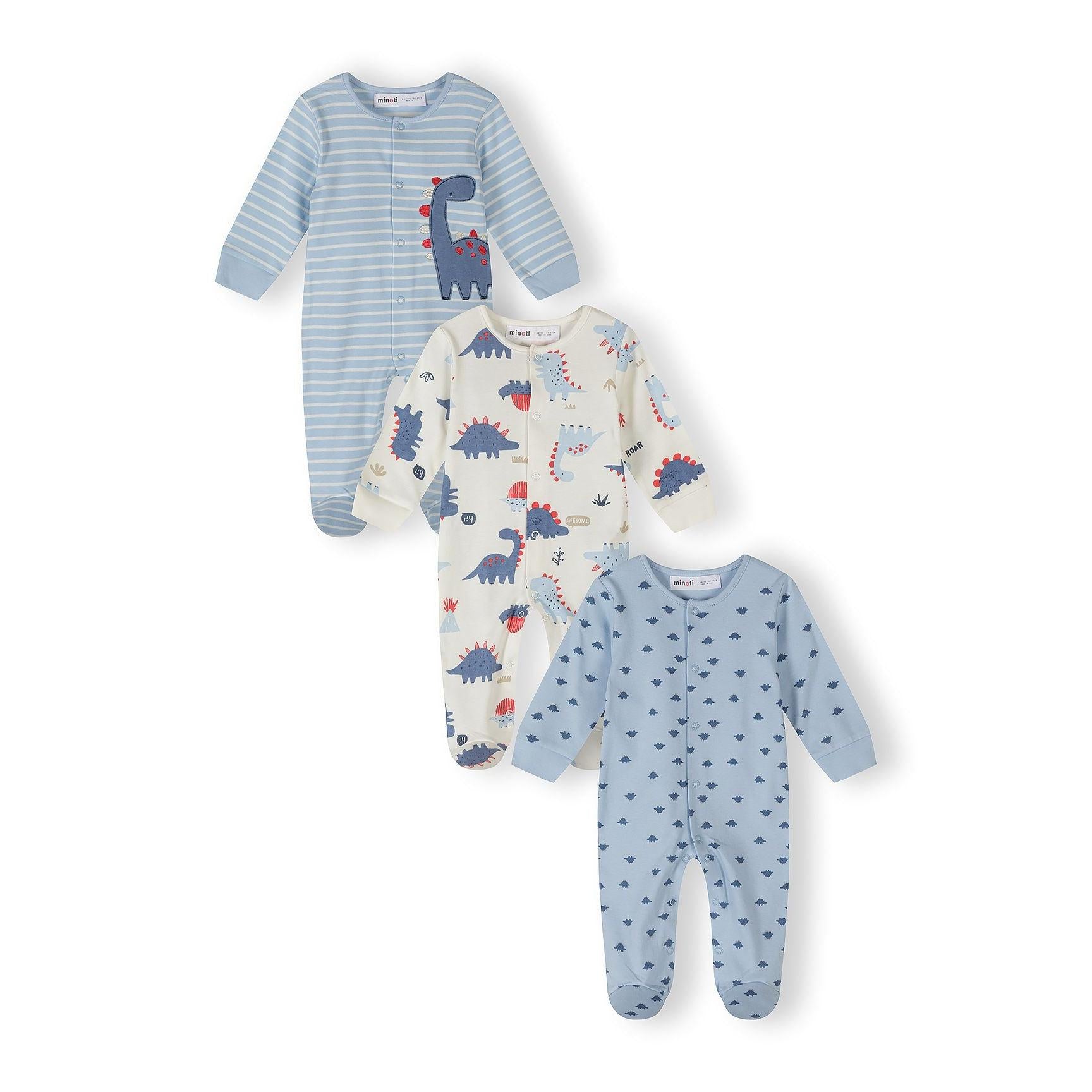 Three baby sleepsuits displayed on white background - blue striped with dinosaur appliqué, cream with all-over dinosaur print, and light blue with small dinosaur pattern
