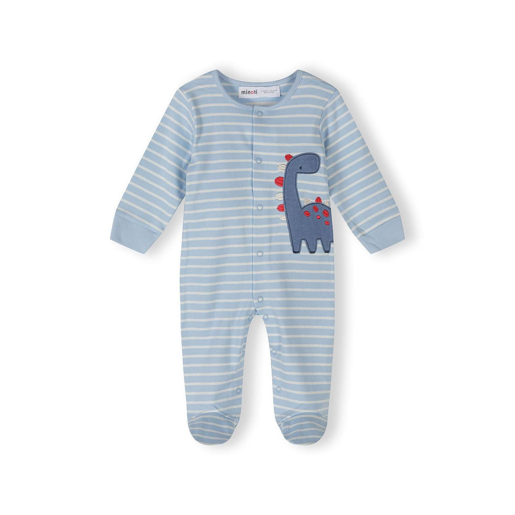 Single light blue sleepsuit with small all-over dinosaur print pattern, snap front closure and long sleeves displayed flat