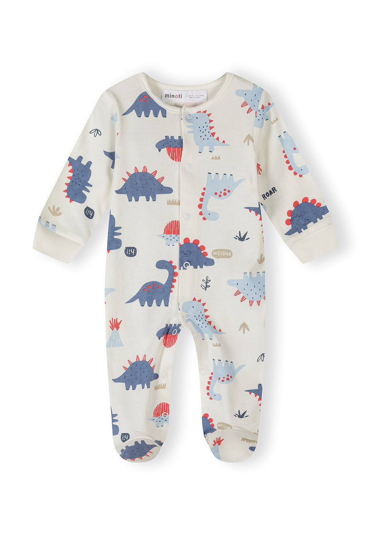 Boys' sleepsuit with blue and white dinosaur print, front view, featuring press studs.