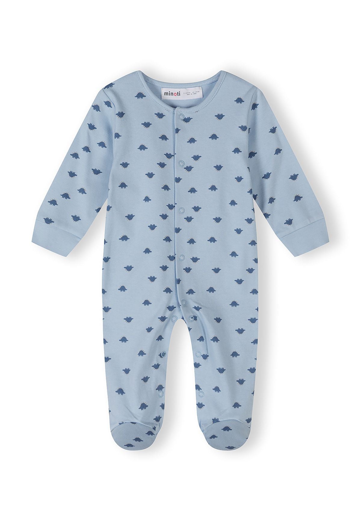 Boys' blue sleepsuit with dinosaur print, front view, features press studs and elasticated cuffs.