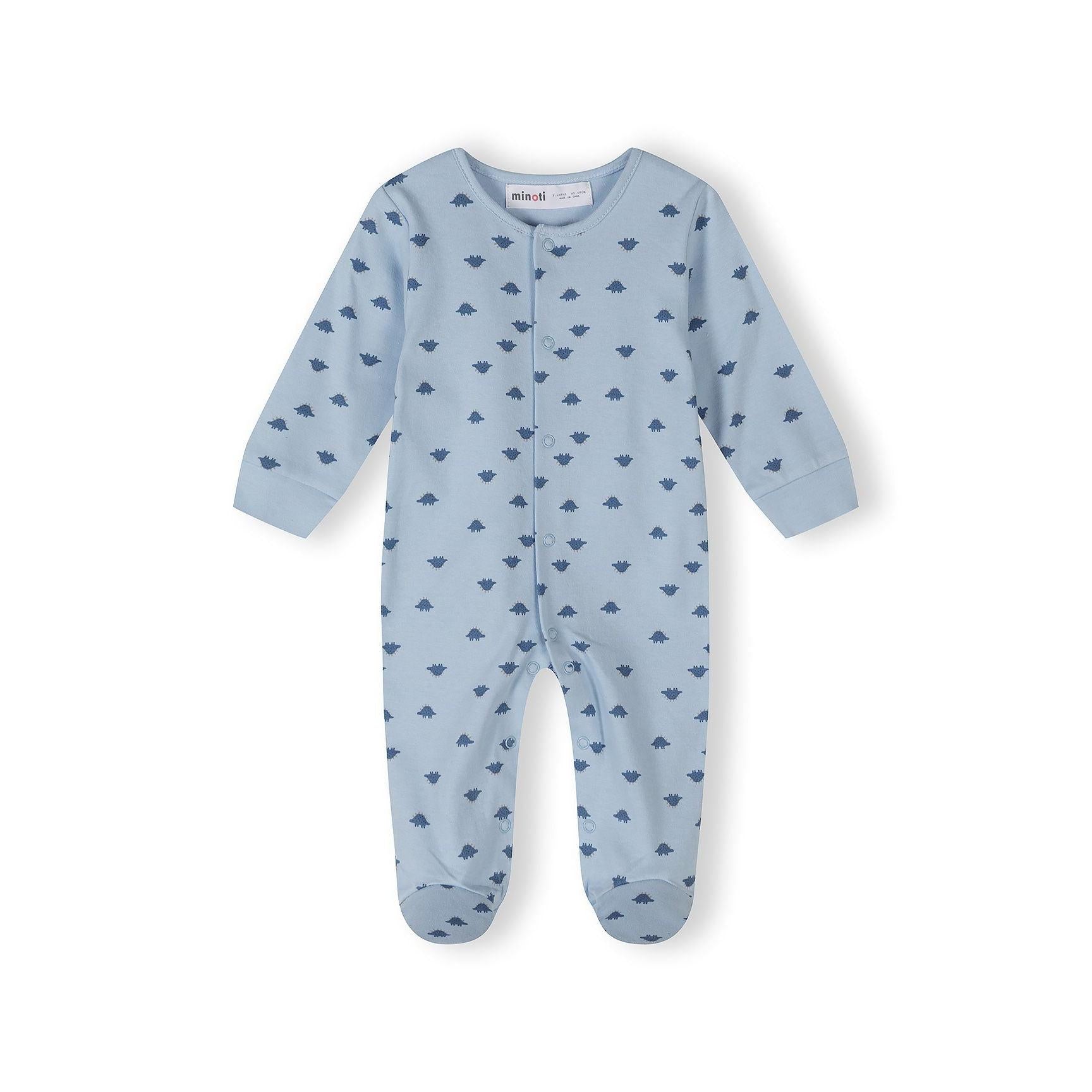 Single light blue sleepsuit with small all-over dinosaur print pattern, snap front closure and long sleeves displayed flat