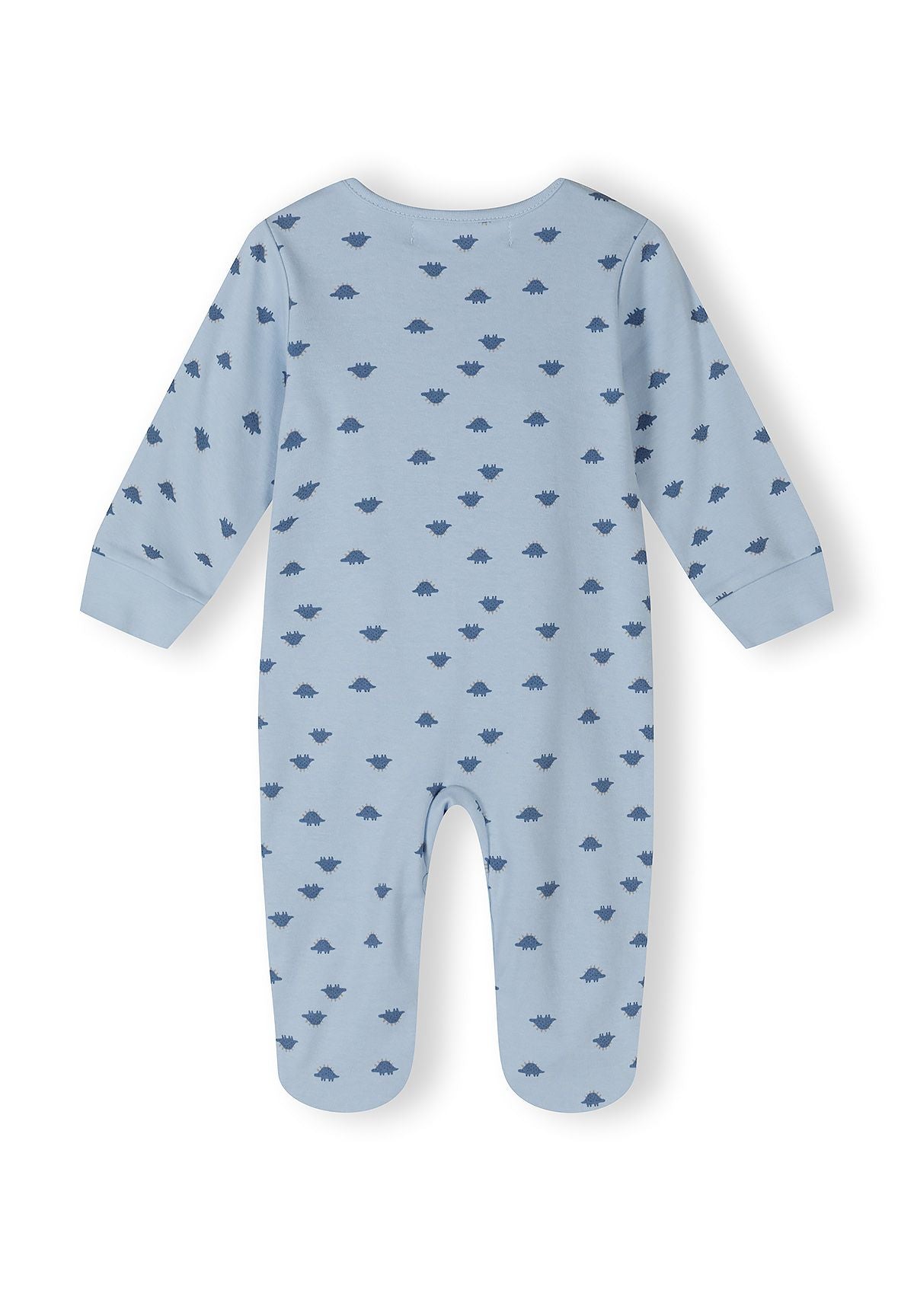 Back view of a blue sleepsuit with dinosaur print for infants, featuring long sleeves and elasticated cuffs.