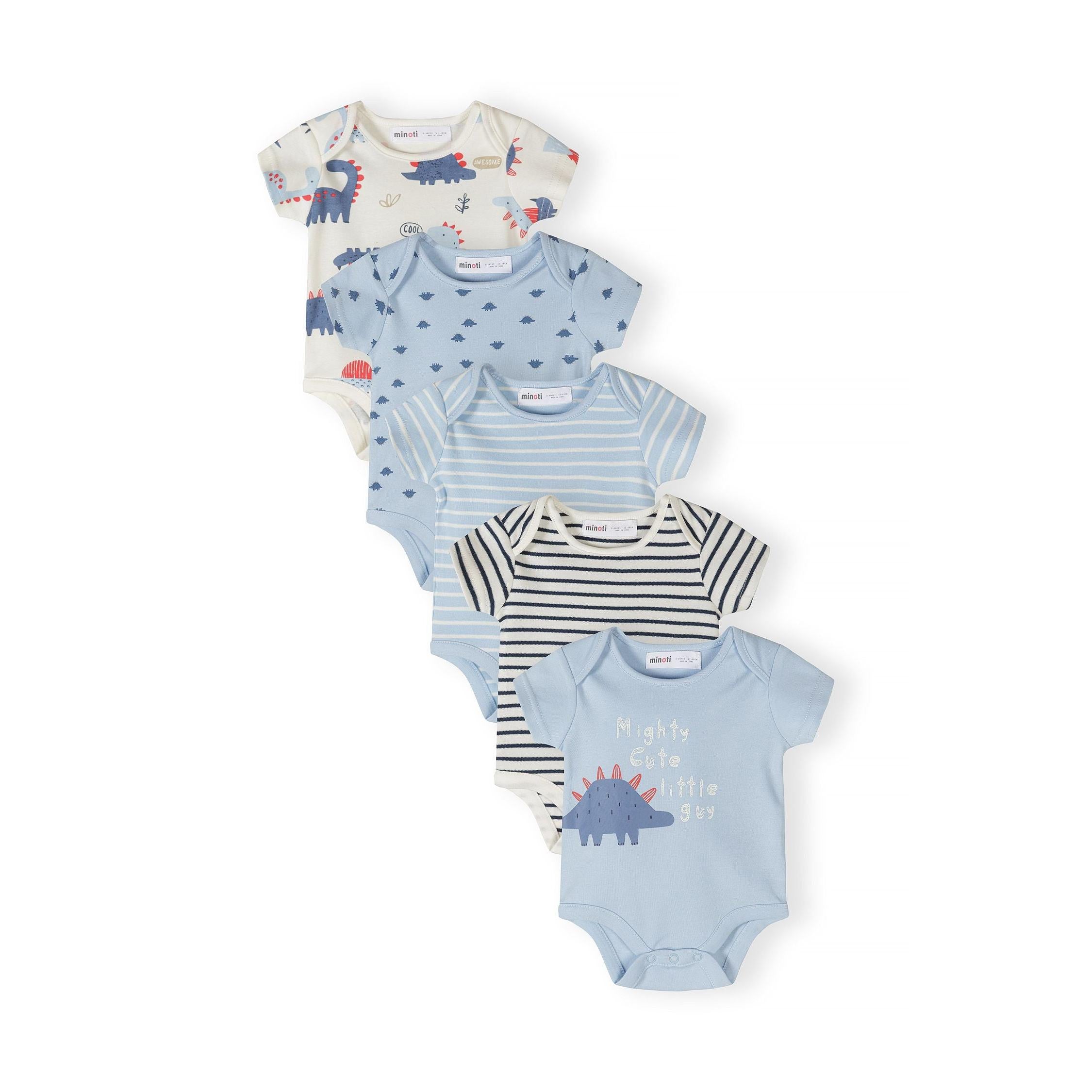 Five baby bodysuits arranged in fan formation showing dinosaur prints, stripes and solid colours in blue and white tones on white background