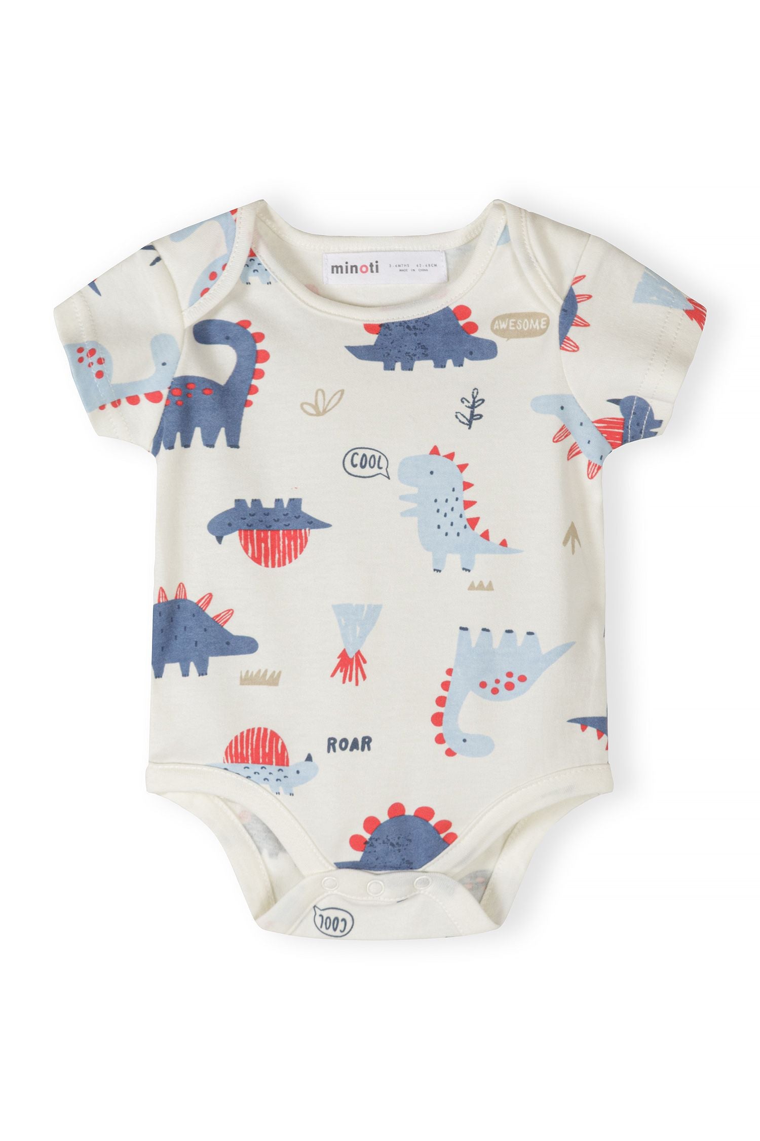 Detail of a boys' bodysuit featuring a playful dinosaur print in blue and red on a cream background.