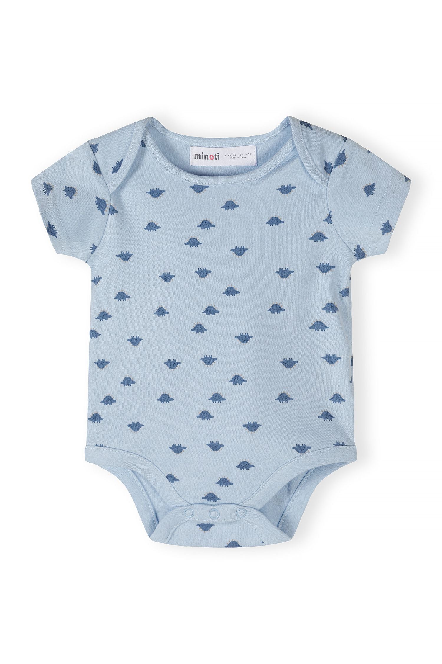Light blue short-sleeve bodysuit with dinosaur print, front view, snap closure at the bottom.