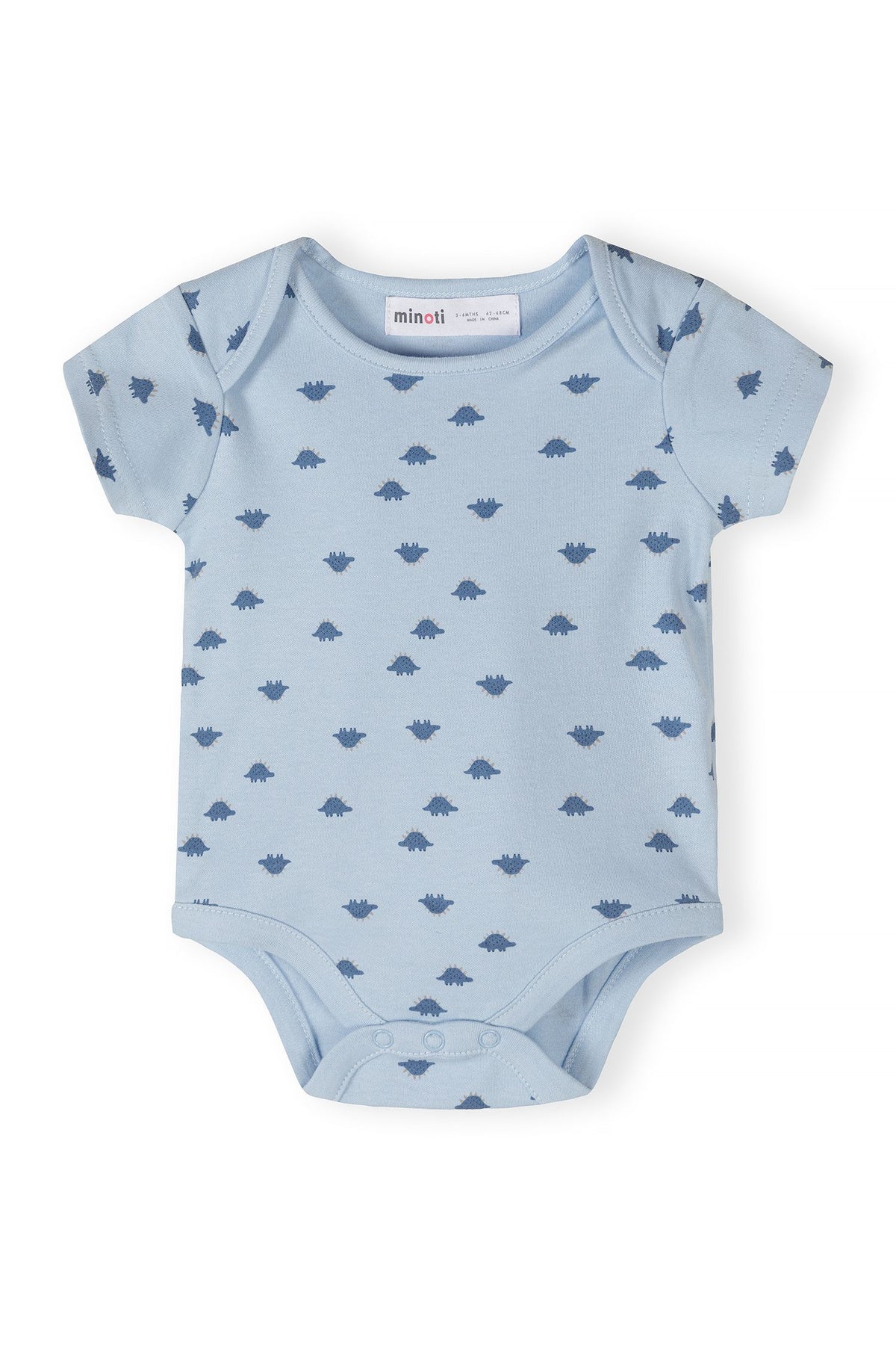 Light blue and cream short-sleeved bodysuits, blue dinosaur front.
