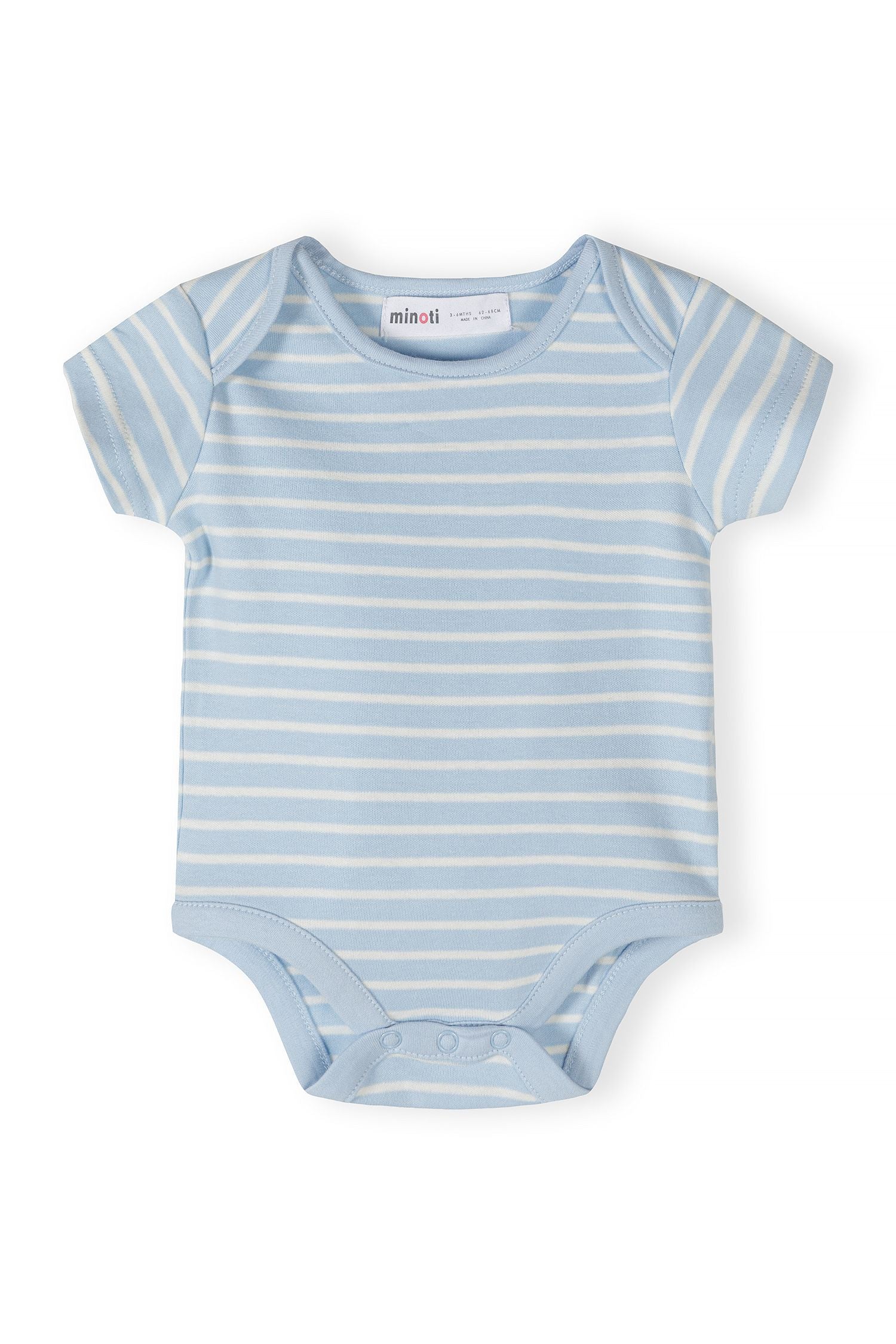 Close-up of a blue striped short sleeve bodysuit with a crew neck and snap buttons.