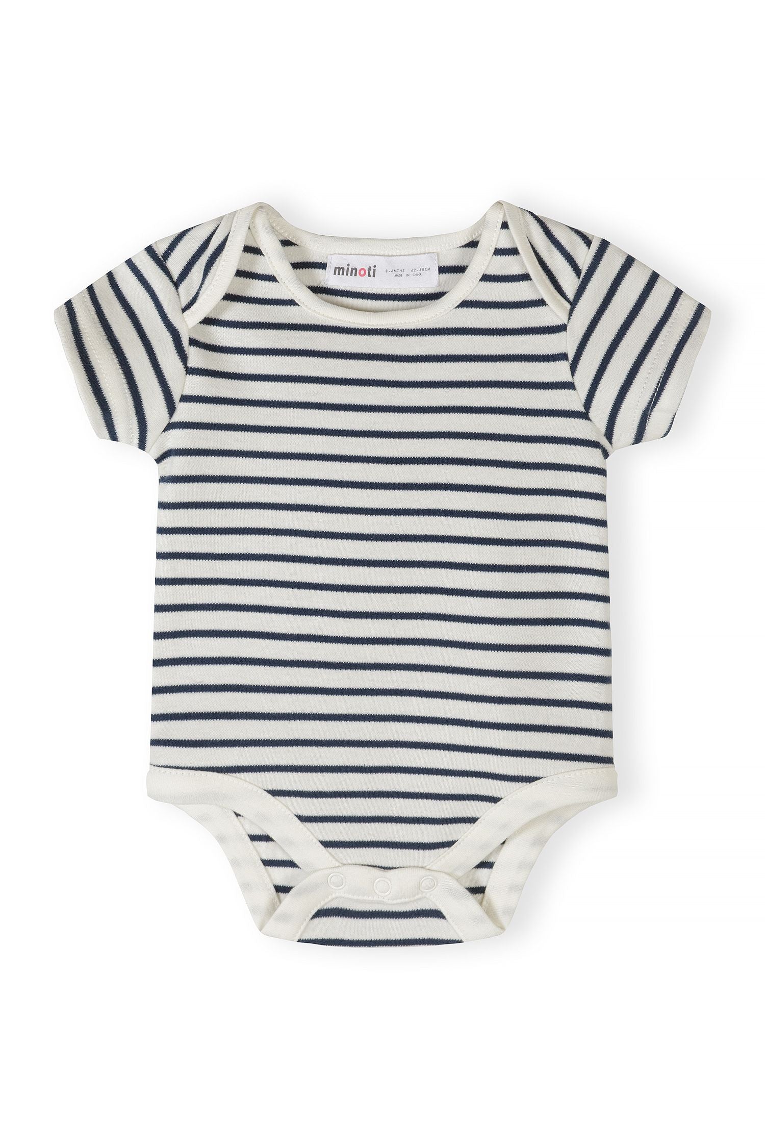 Detail of a boys' striped bodysuit with short sleeves and snap closure.