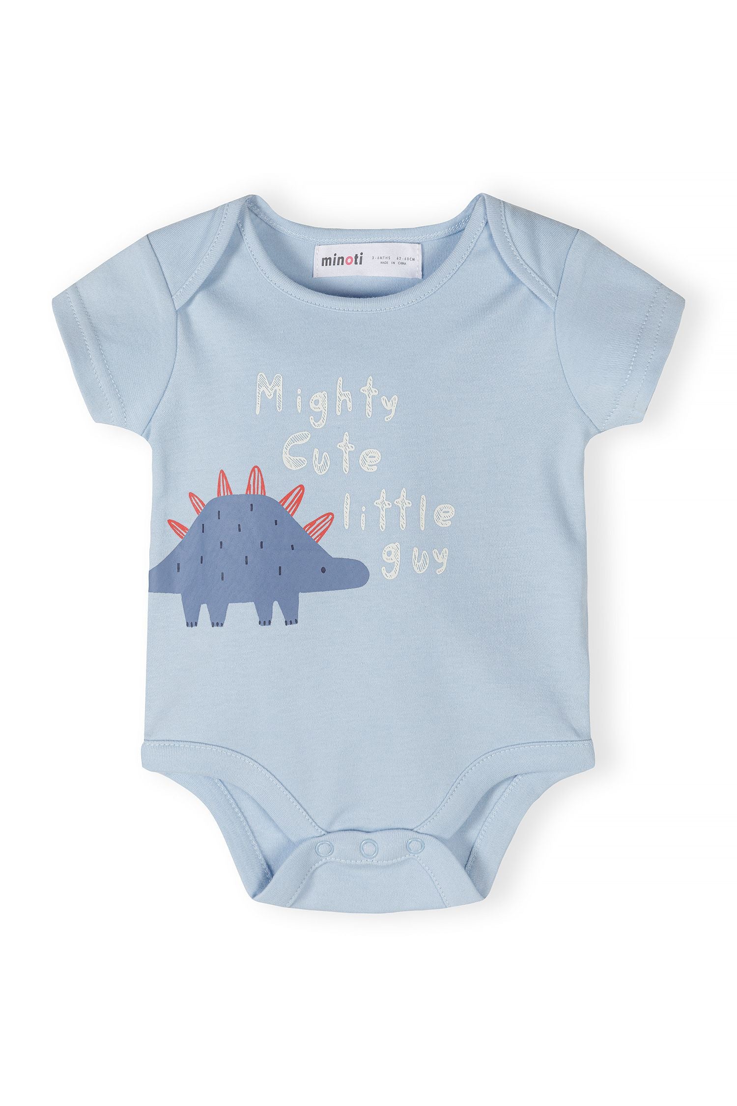 Light blue short-sleeve bodysuit with dinosaur print and text detail.