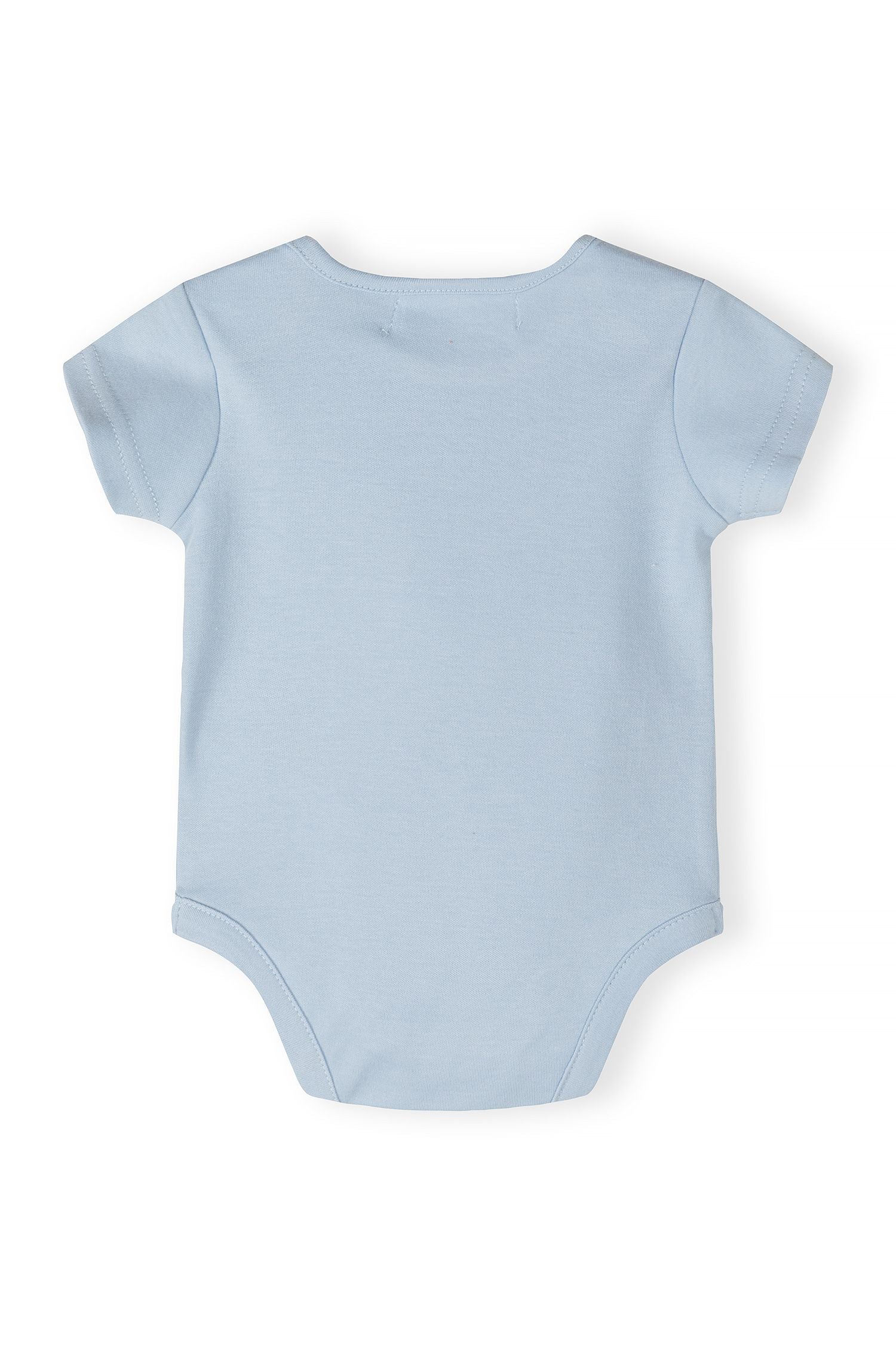 Detail of a light blue short sleeve bodysuit with a crew neck for infants.