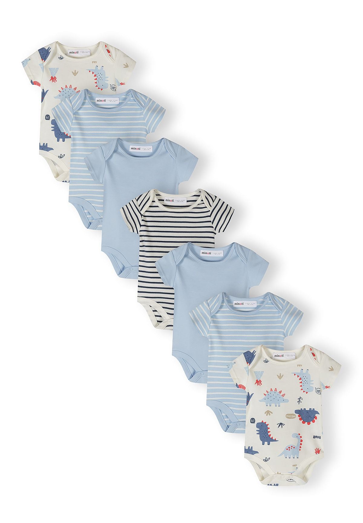 Set of seven boys' bodysuits with blue dinosaur print, short sleeves, and envelope shoulders.
