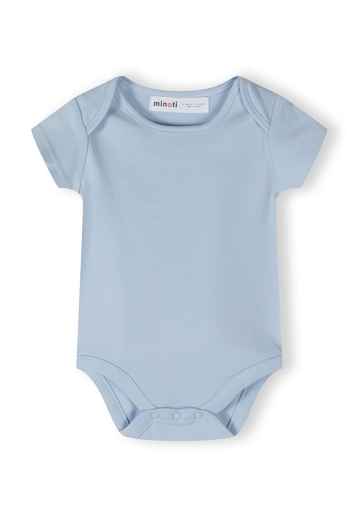 Light blue short-sleeve bodysuit with envelope shoulders and press studs.