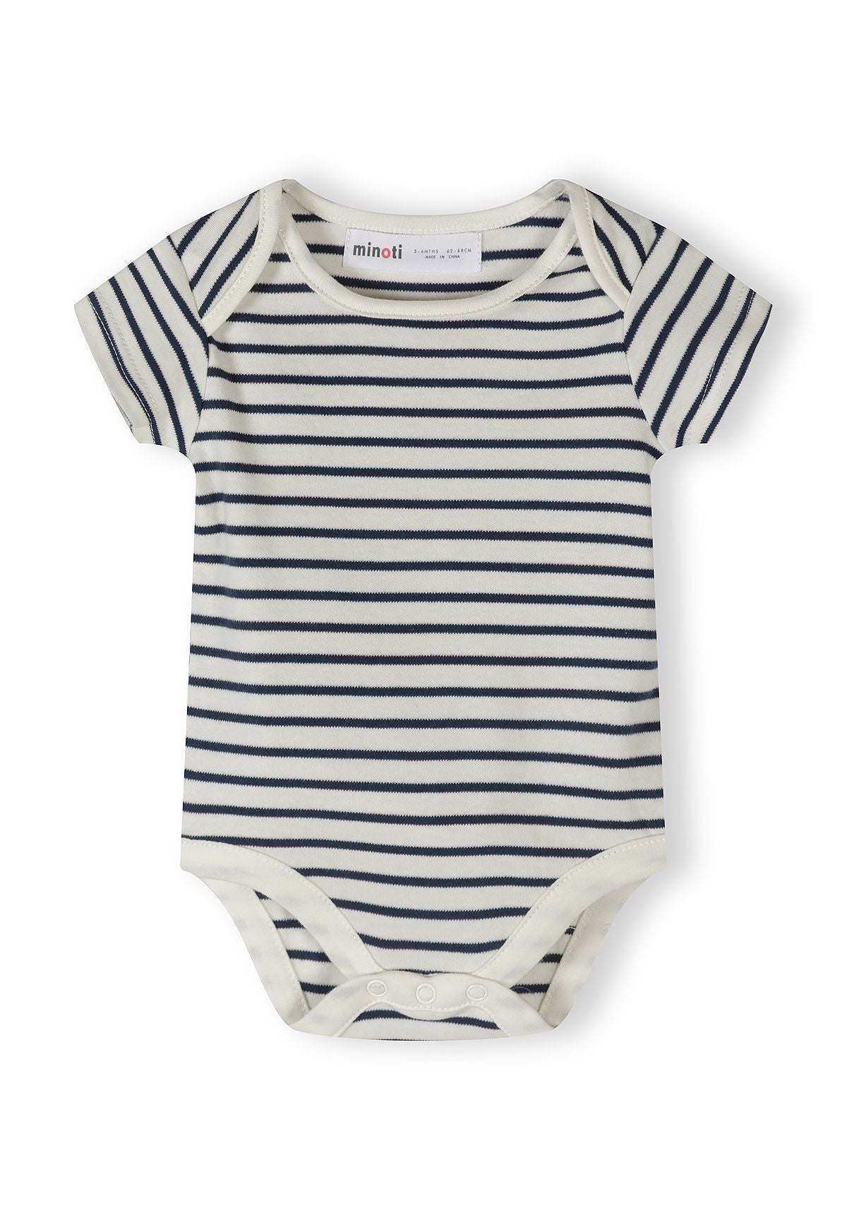 Boys' short-sleeve bodysuit in cream with navy stripes, featuring envelope shoulders and press studs.