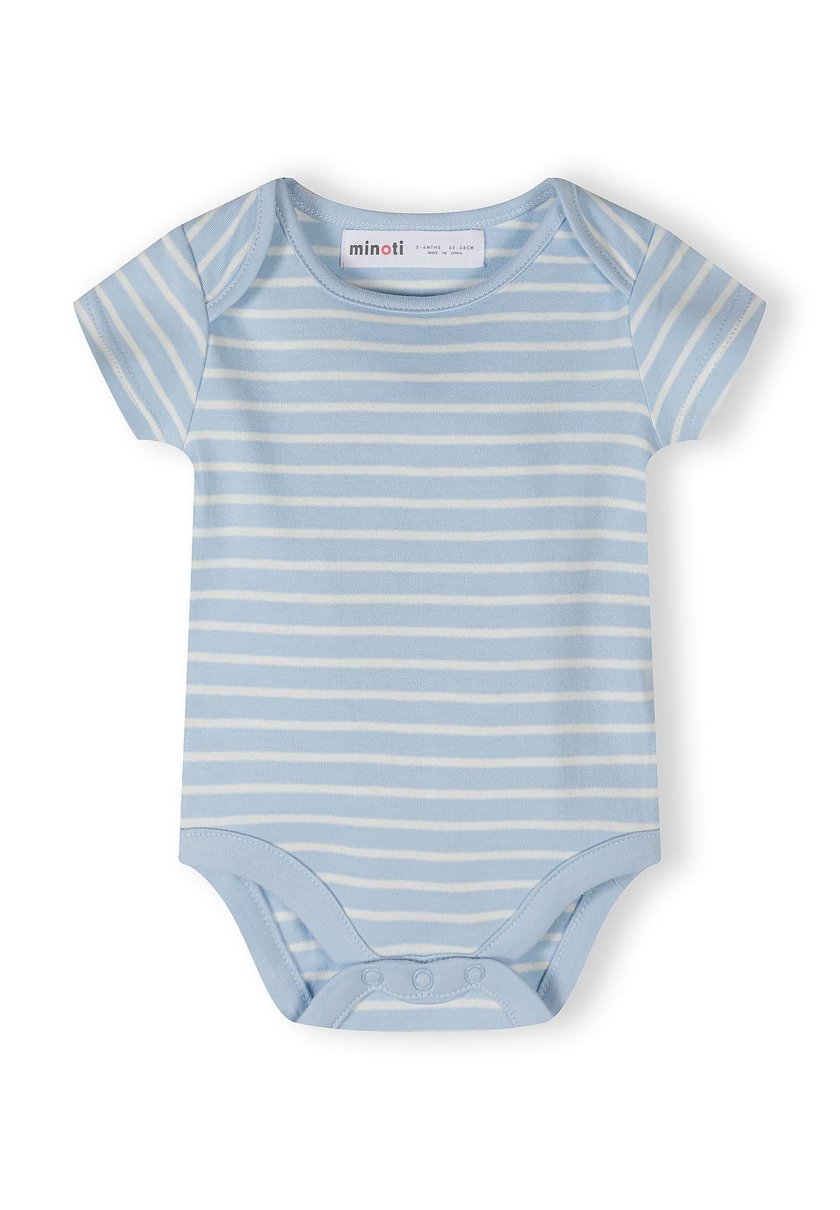 Close-up of a light blue striped bodysuit with short sleeves and envelope shoulders.
