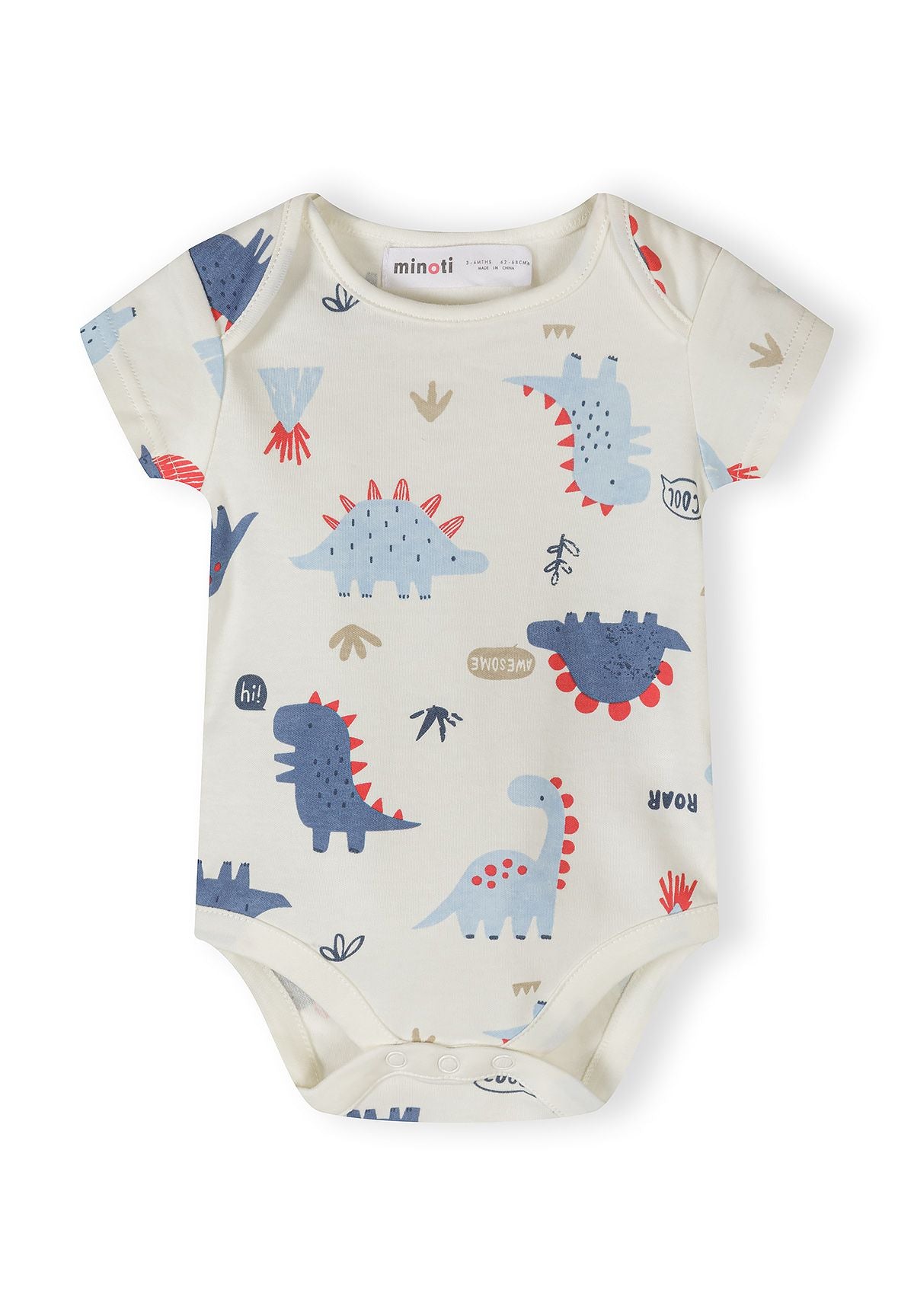 Close-up of a boys' bodysuit with blue dinosaur print and envelope shoulders.