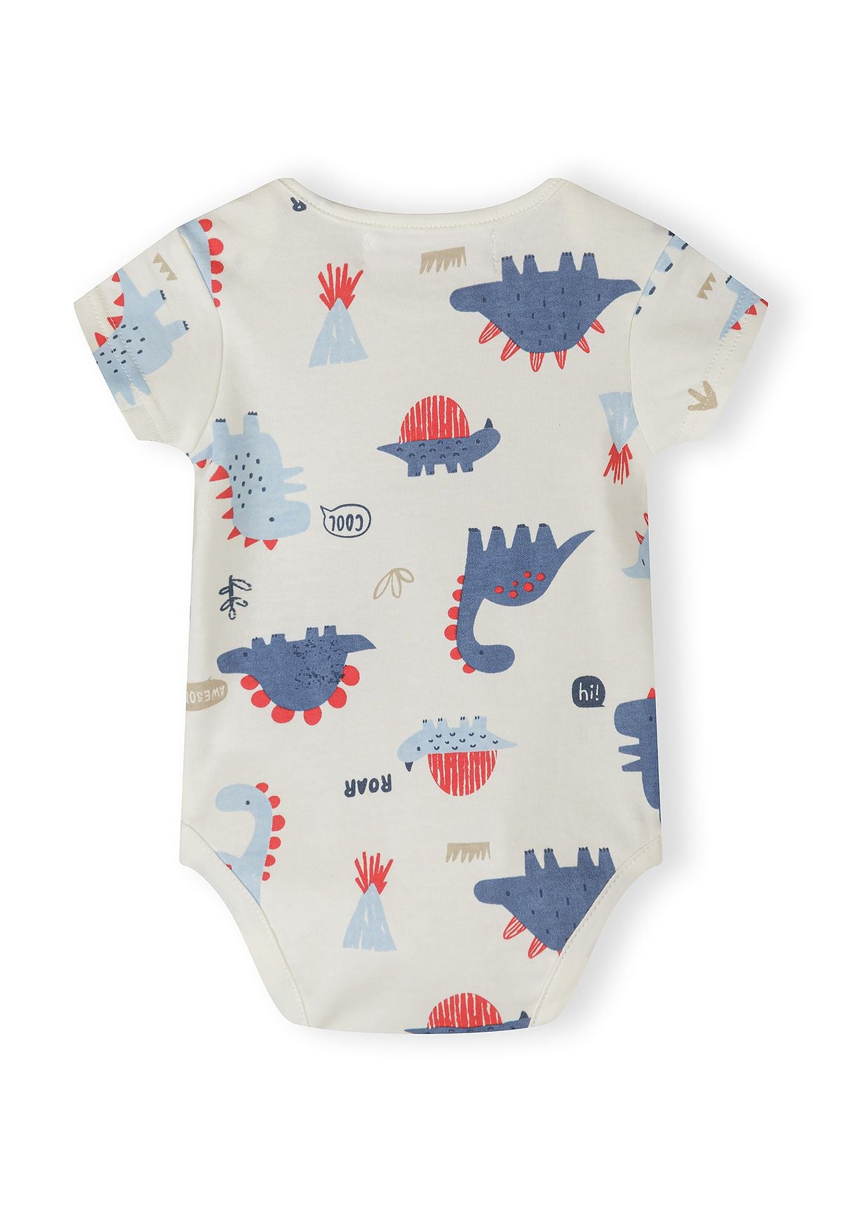 Back view of a boys' cotton bodysuit with blue dinosaur print and short sleeves.