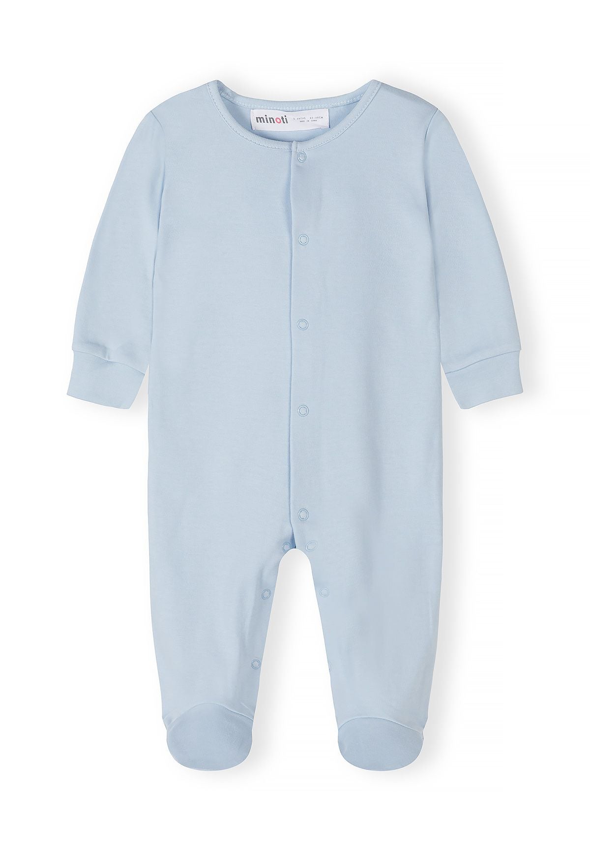 Boys long sleeve sleepsuit in light blue, front view with press stud fastening.