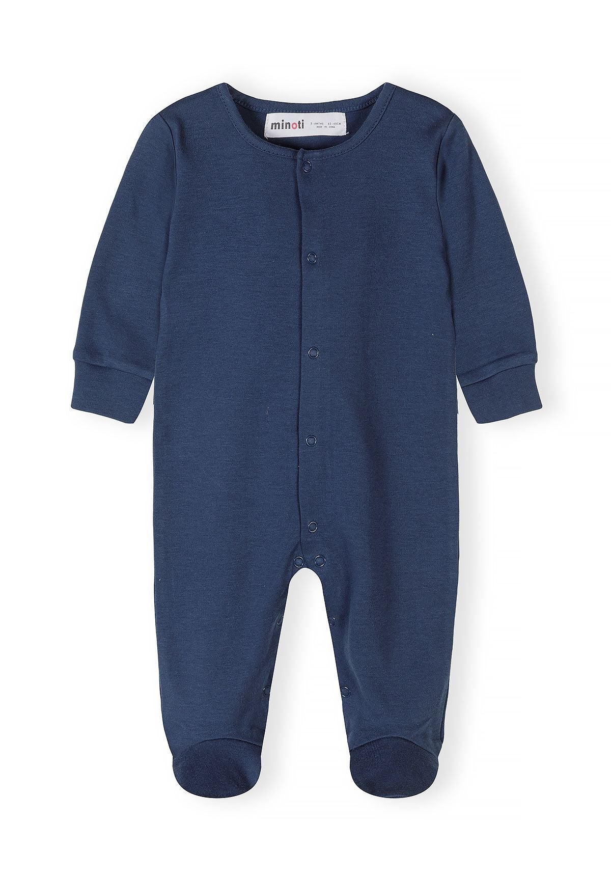 Boys long sleeve sleepsuit in navy, front view with press stud fastening.