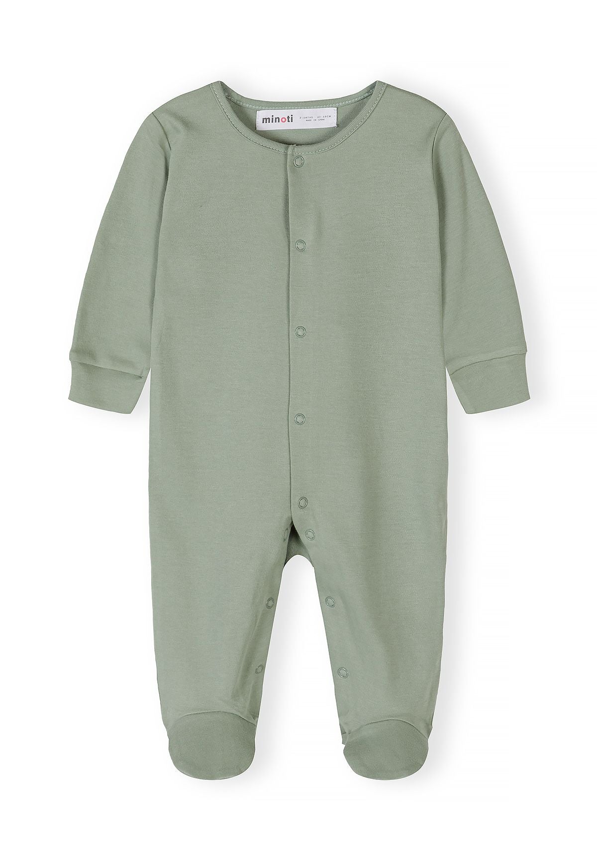 Boys long sleeve sleepsuit in light green with press stud fastening and elasticated cuffs.