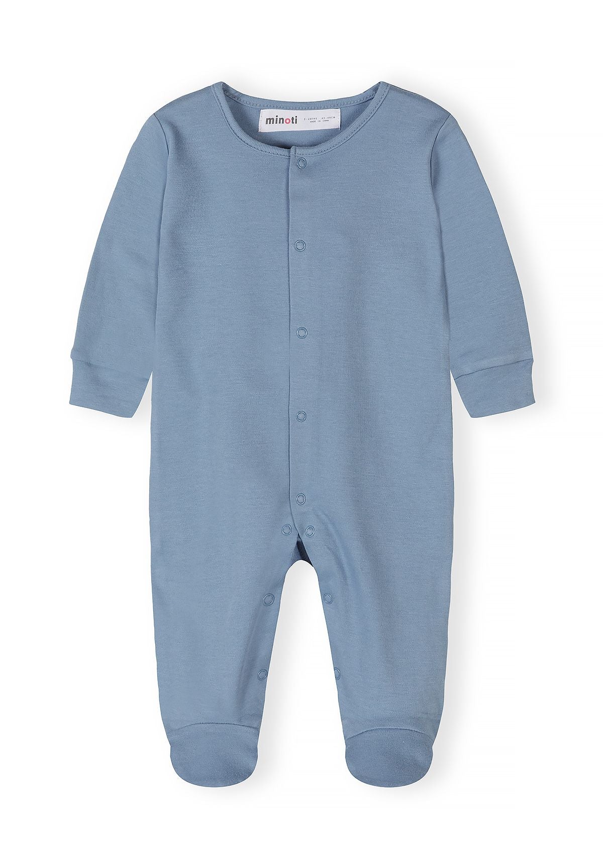 Boys long sleeve sleepsuit in blue, front view with press stud fastening.