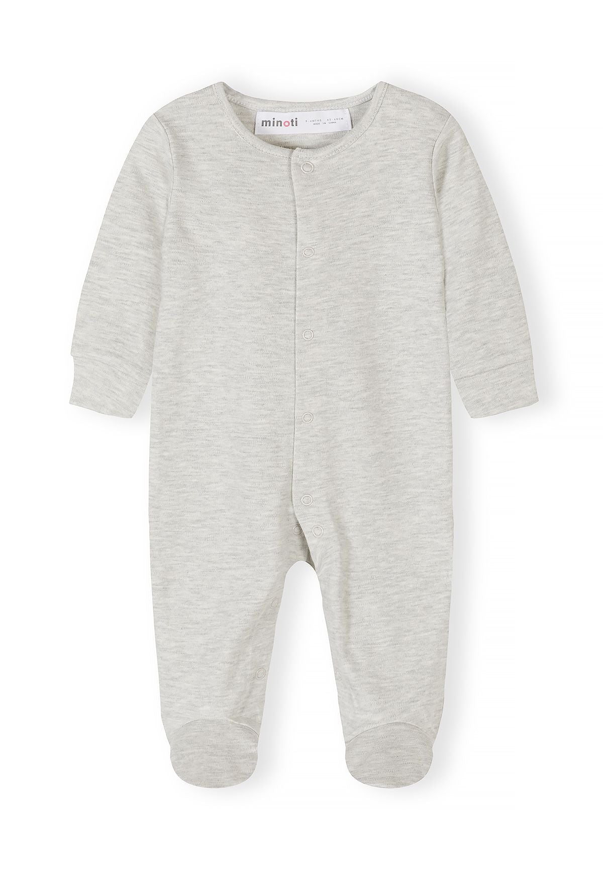 Boys long sleeve sleepsuit in light grey with press stud fastening, front view.
