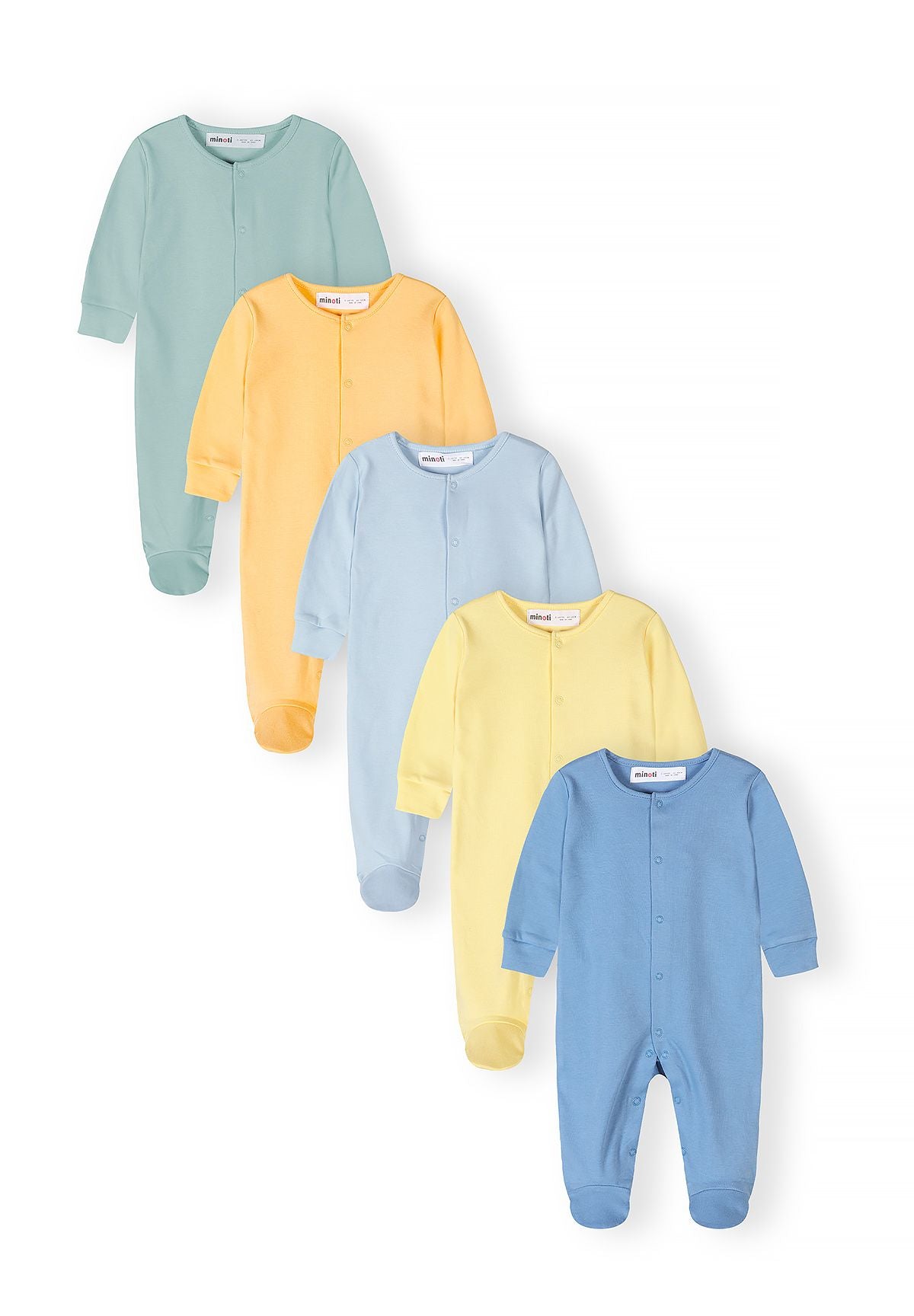 Mint, yellow and blue sleepsuits, five fronts.