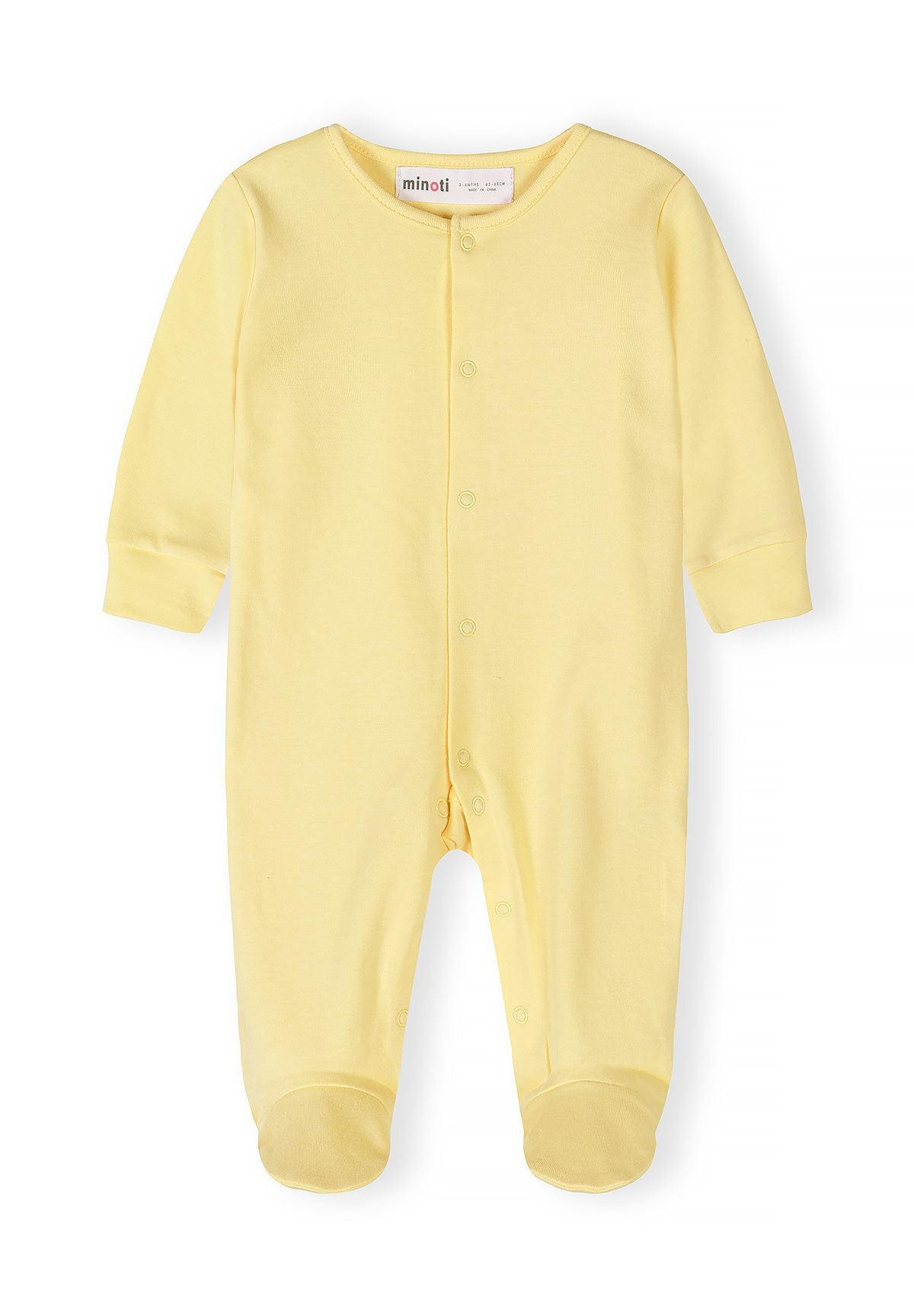 Boys sleepsuit in yellow, front view with snap fastenings.
