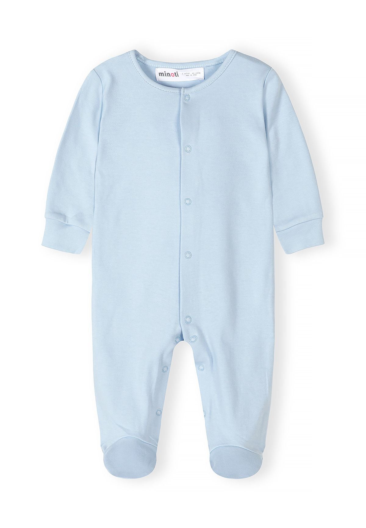 Boys sleepsuit in light blue, front view with snap fastenings and fitted cuffs.