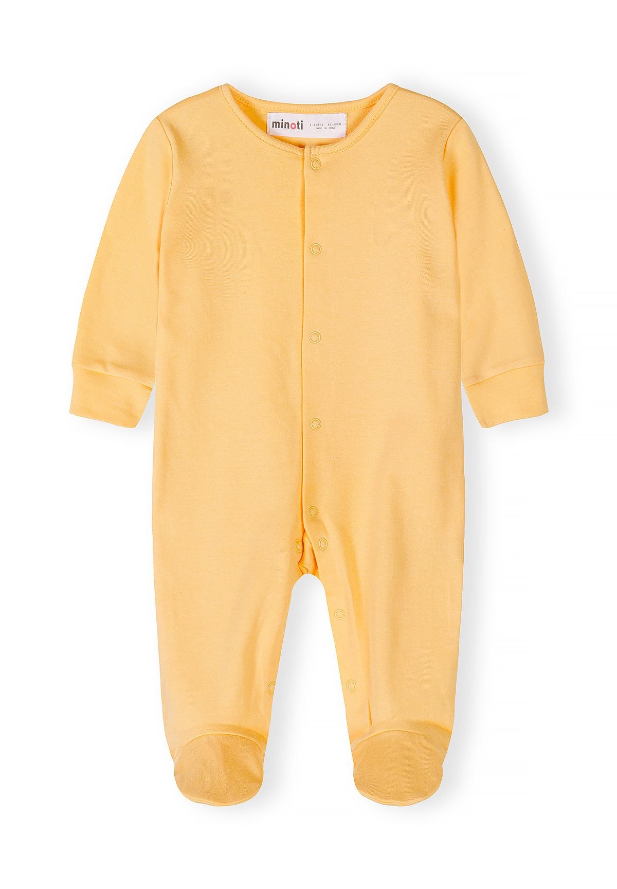 Boys sleepsuit in soft yellow with long sleeves and snap fastenings, front view.