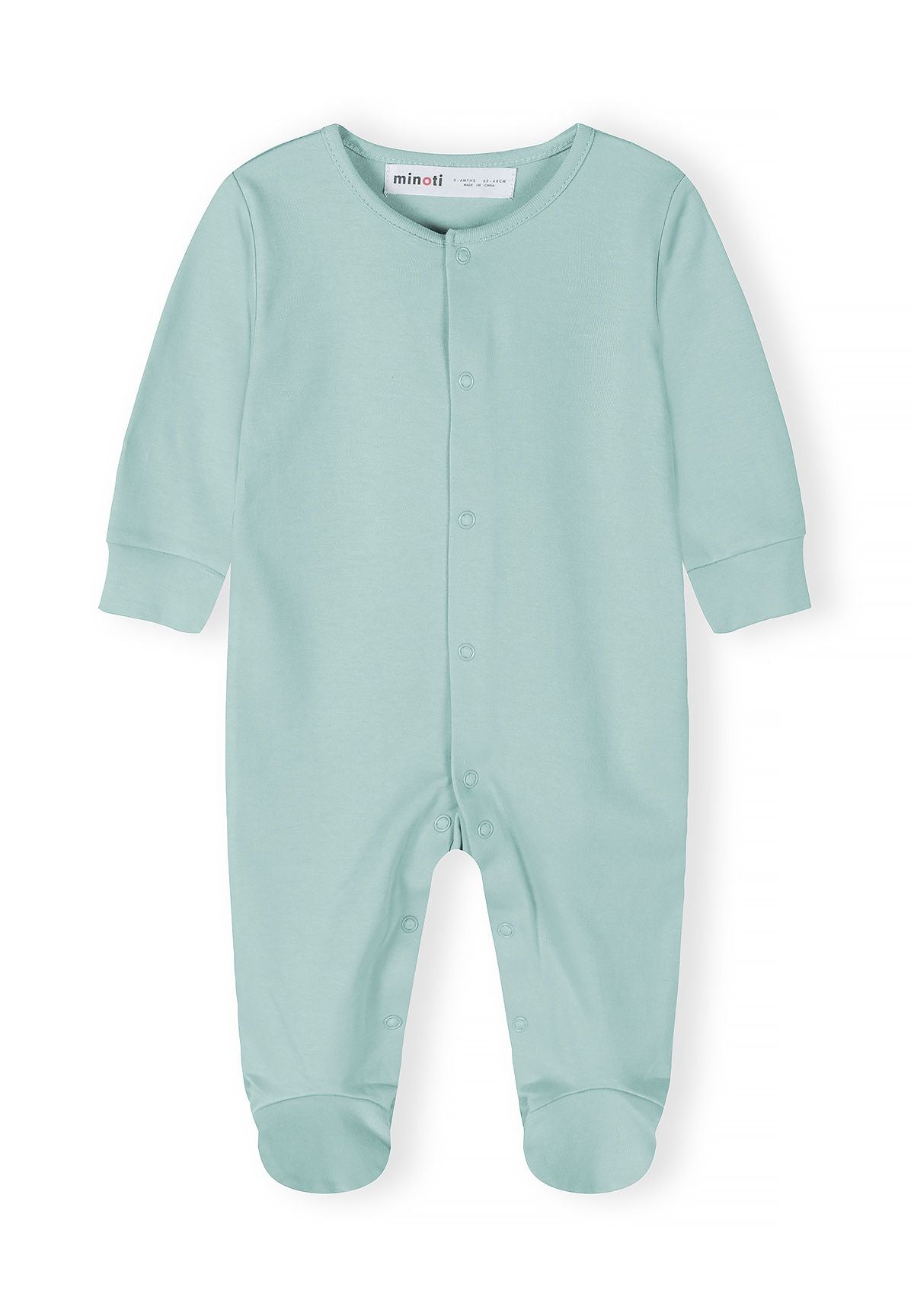 Boys sleepsuit in light blue, front view with snap fastenings and fitted cuffs.