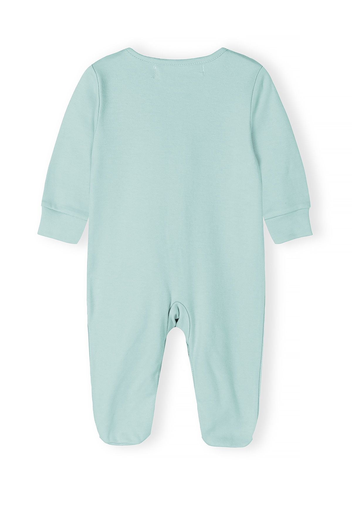 Boys sleepsuit in light blue, back view, features long sleeves and fitted cuffs.