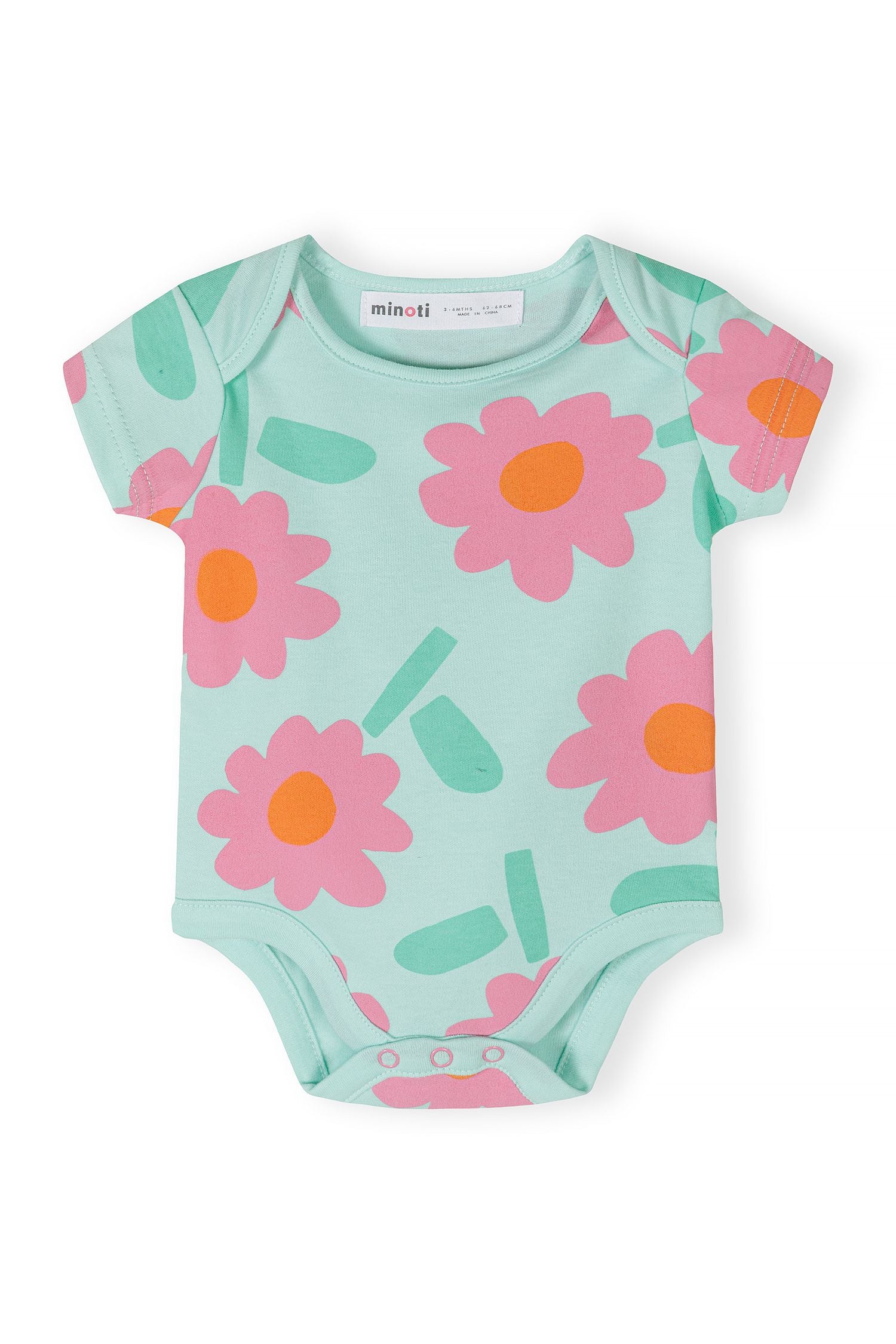 Girls short sleeve bodysuit with pink floral print, front view.