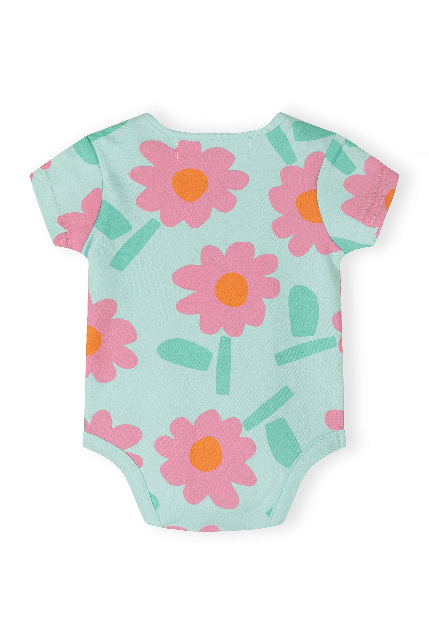 Girls short sleeve bodysuit with blue floral print, back view.