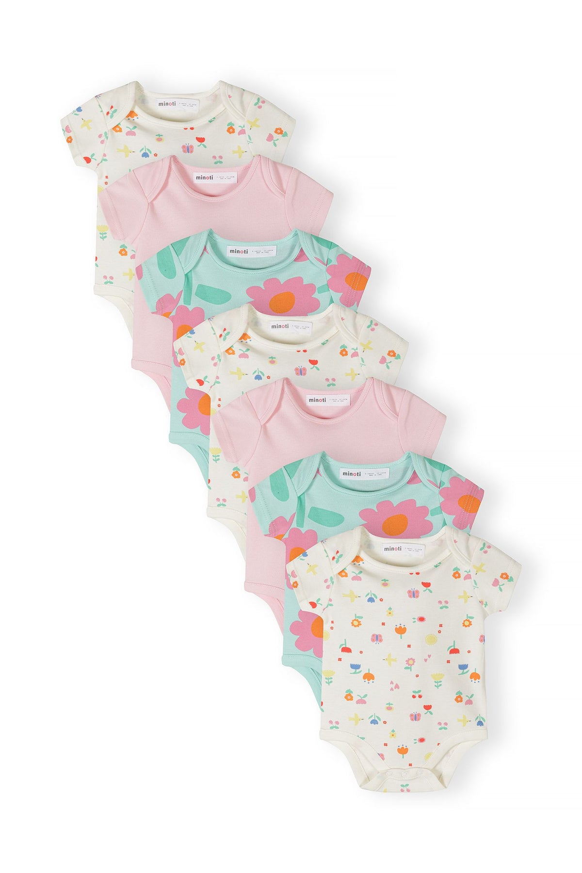 Pink, mint and cream short-sleeved bodysuits, seven bodysuits.