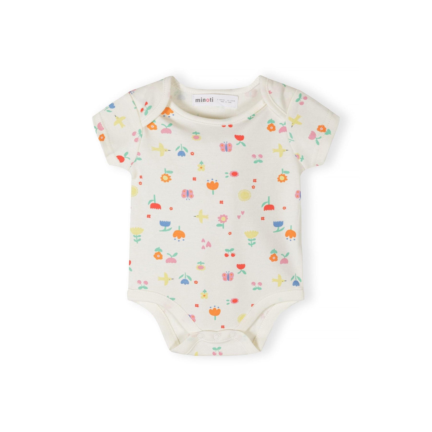 Single mint green bodysuit with large pink daisy flowers and orange centres, short sleeves and envelope neckline on white background