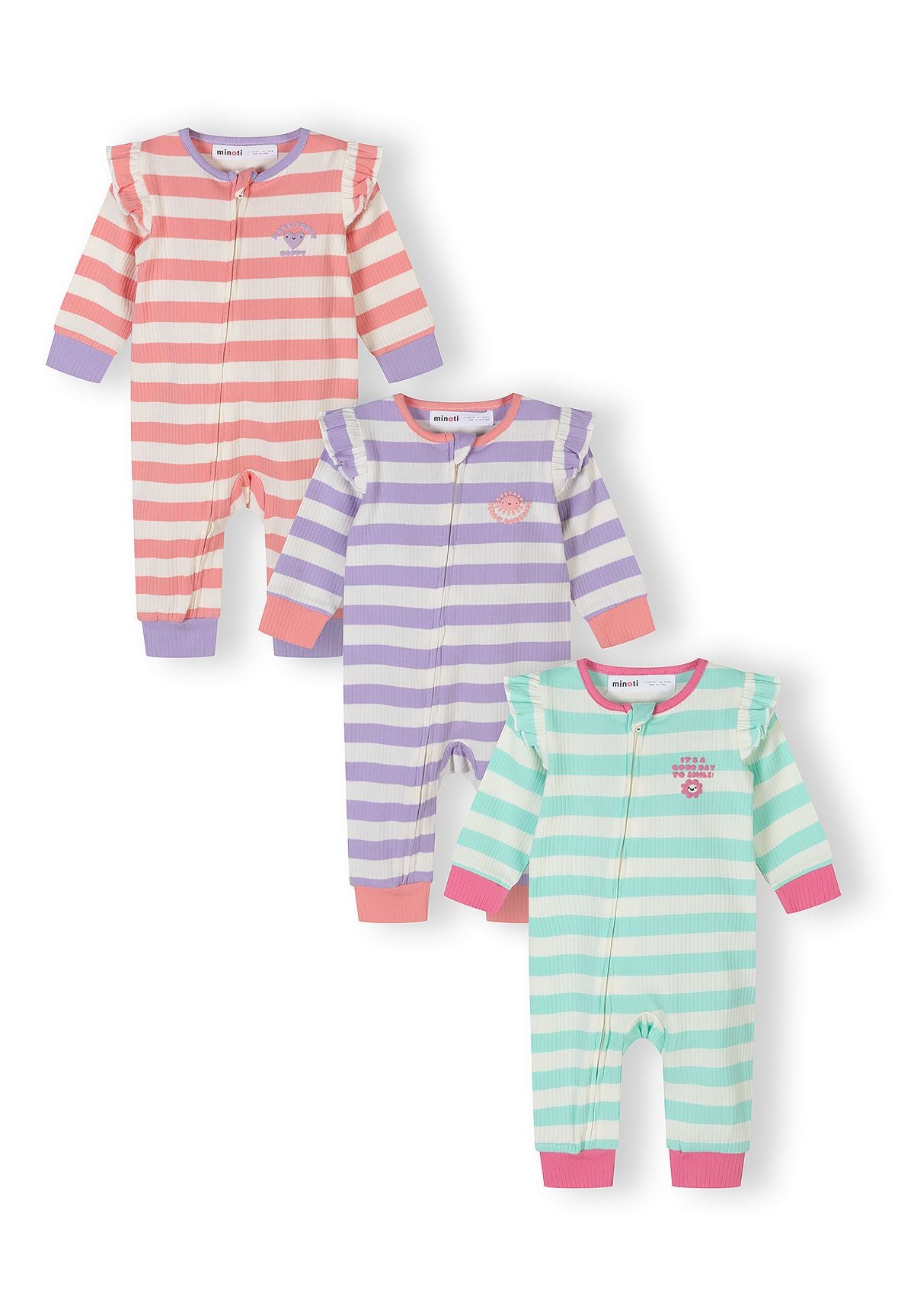 Three pastel striped ribbed sleepsuits for baby girls, featuring long sleeves and front zip.