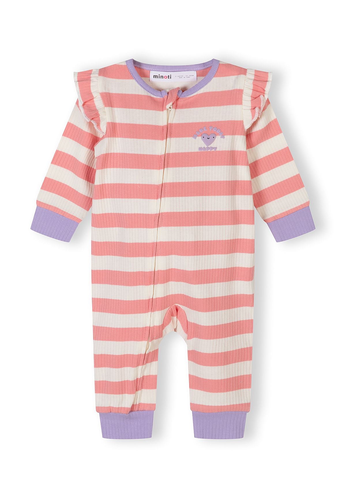 Girls ribbed sleepsuit in pastel stripes, front view, features long sleeves and a front zip.