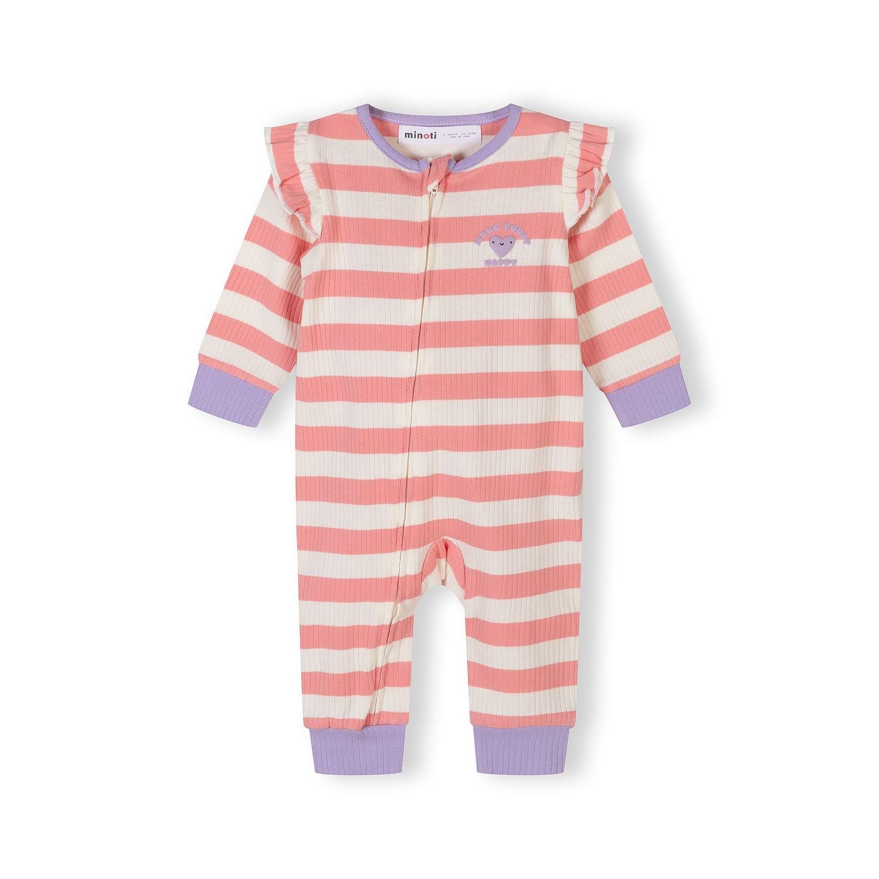 Single mint-cream striped sleepsuit with pink trim showing front zip closure, ruffle shoulders and character embroidery on chest
