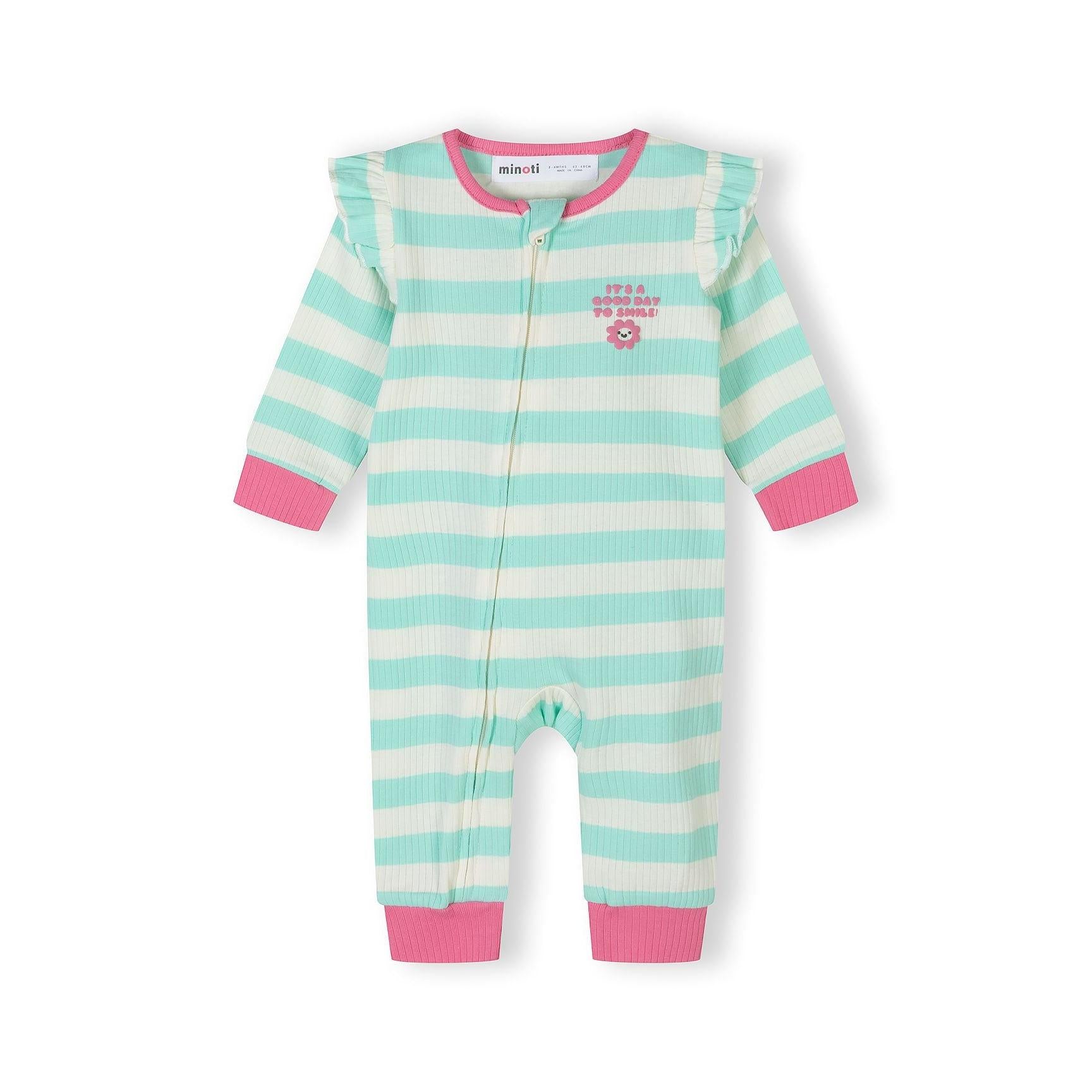 Single mint-cream striped sleepsuit with pink trim showing front zip closure, ruffle shoulders and character embroidery on chest