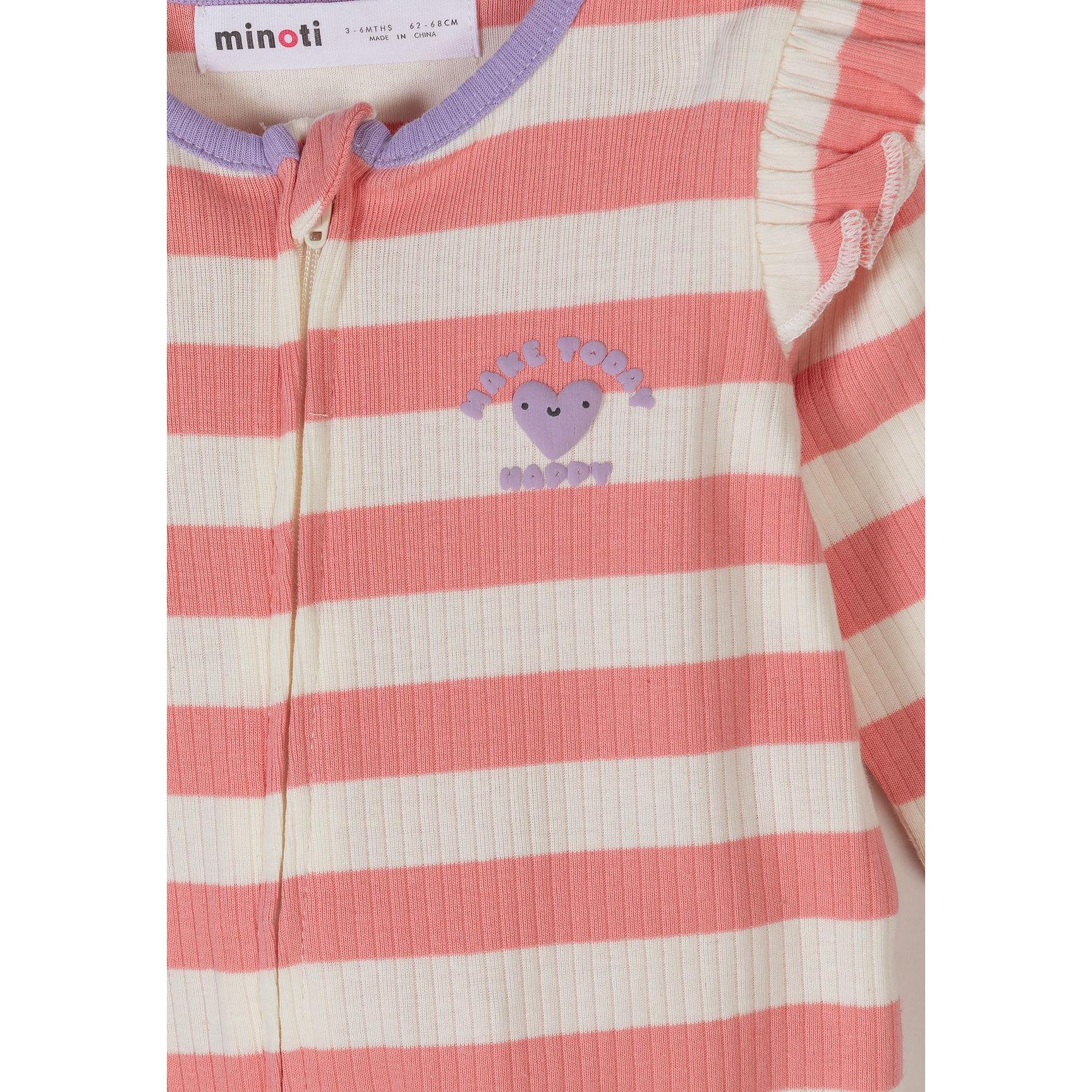 Close-up detail of coral-cream striped sleepsuit showing Minoti label, front zip closure and purple character embroidery saying so loved
