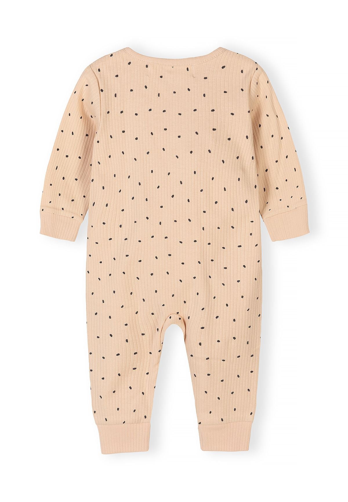 Detail of a beige rib-knit romper for baby boys with black polka dots, back view.