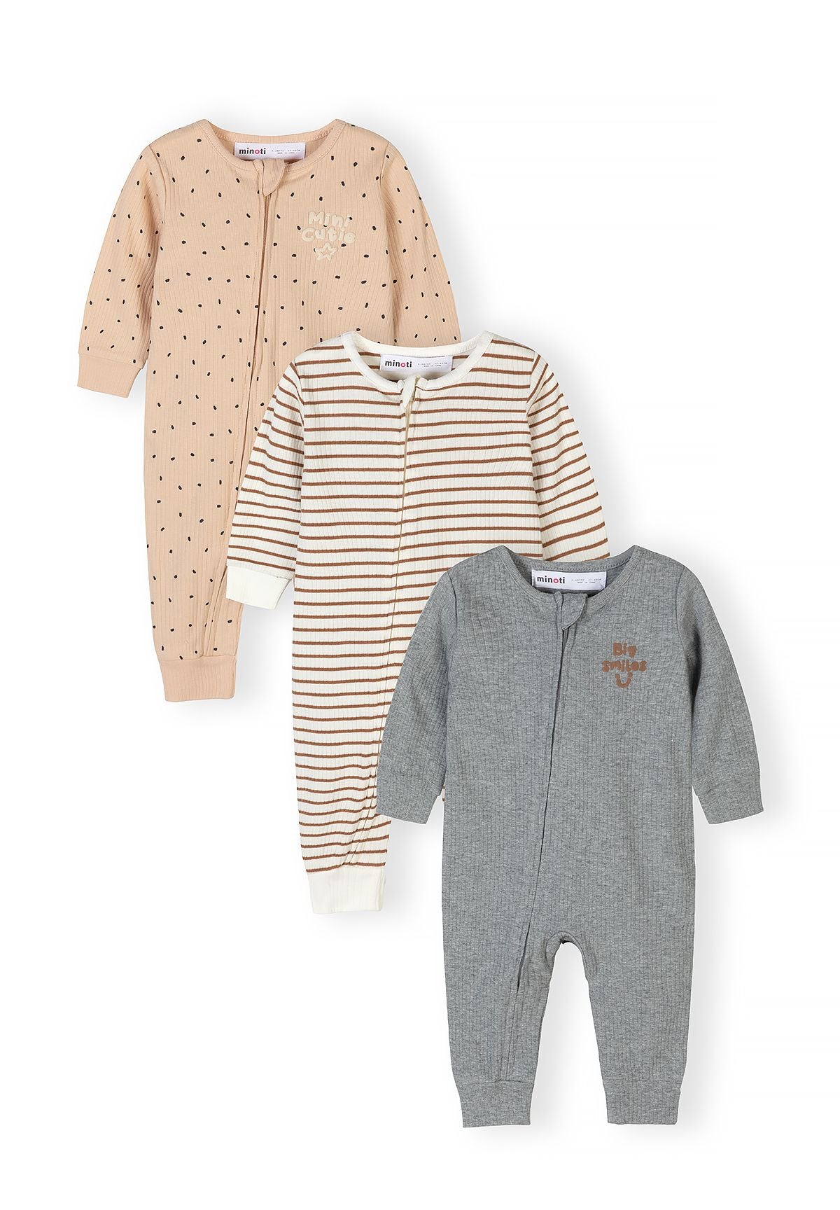 3-pack rib knit rompers for boys, featuring beige with dots, striped beige and white, and grey designs.